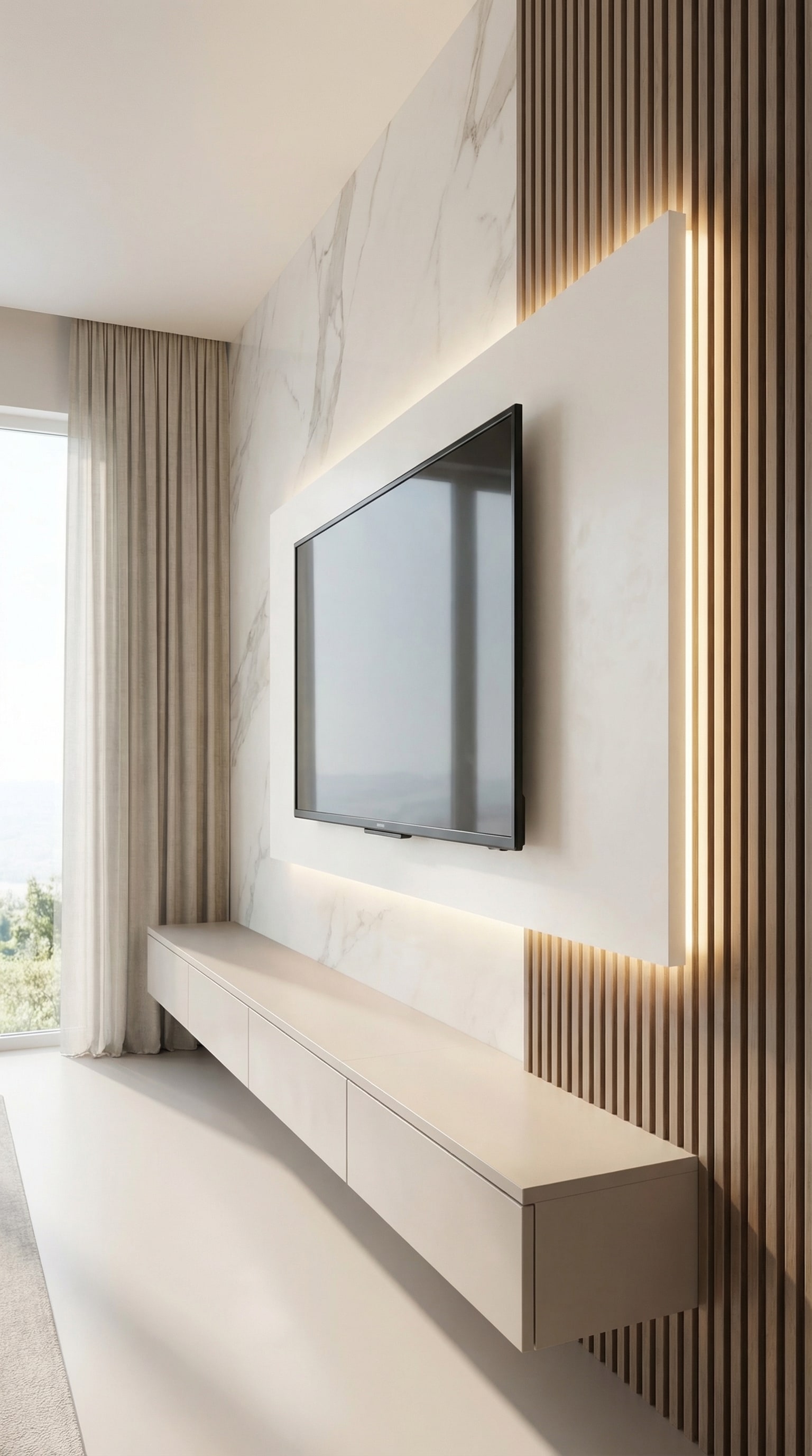 Ein elegantes TV Wandpaneel mit indirekter Beleuchtung Ein elegantes TV Wandpaneel mit indirekter Beleuchtung