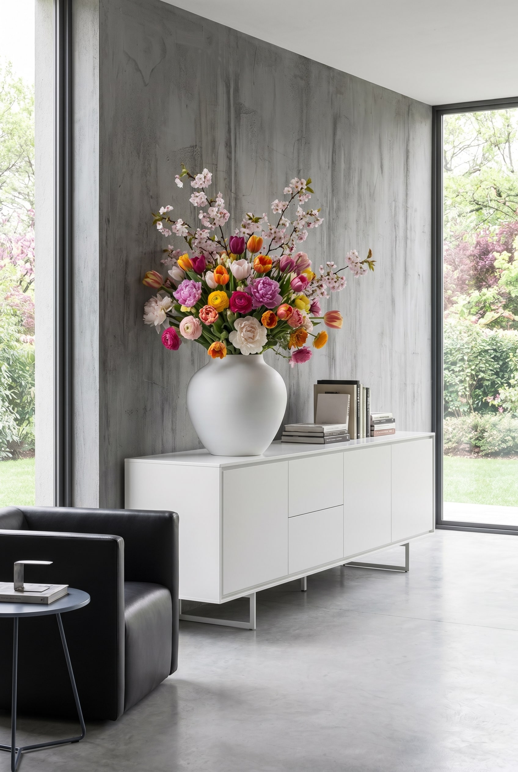 Monochromes Sideboard ohne sichtbare Griffe, dekoriert mit einem extrem bunten Fr&uuml;hlingsstrau&szlig;