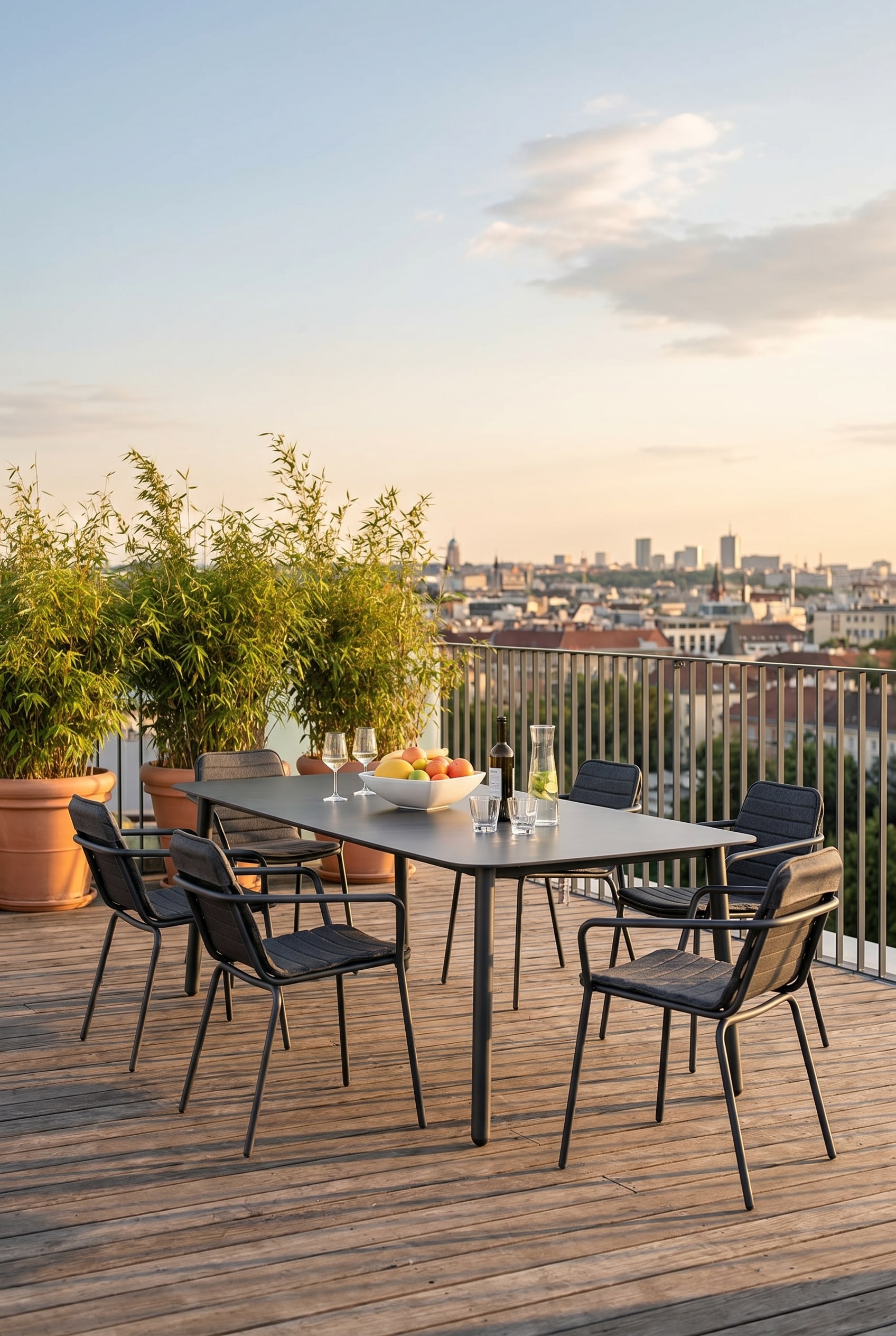 Dachterrasse bei Sonnenuntergang mit dunkelgrauem minimalistischen Esstisch und weitl&auml;ufig platzierten Edelstahl-Armlehnenst&uuml;hlen