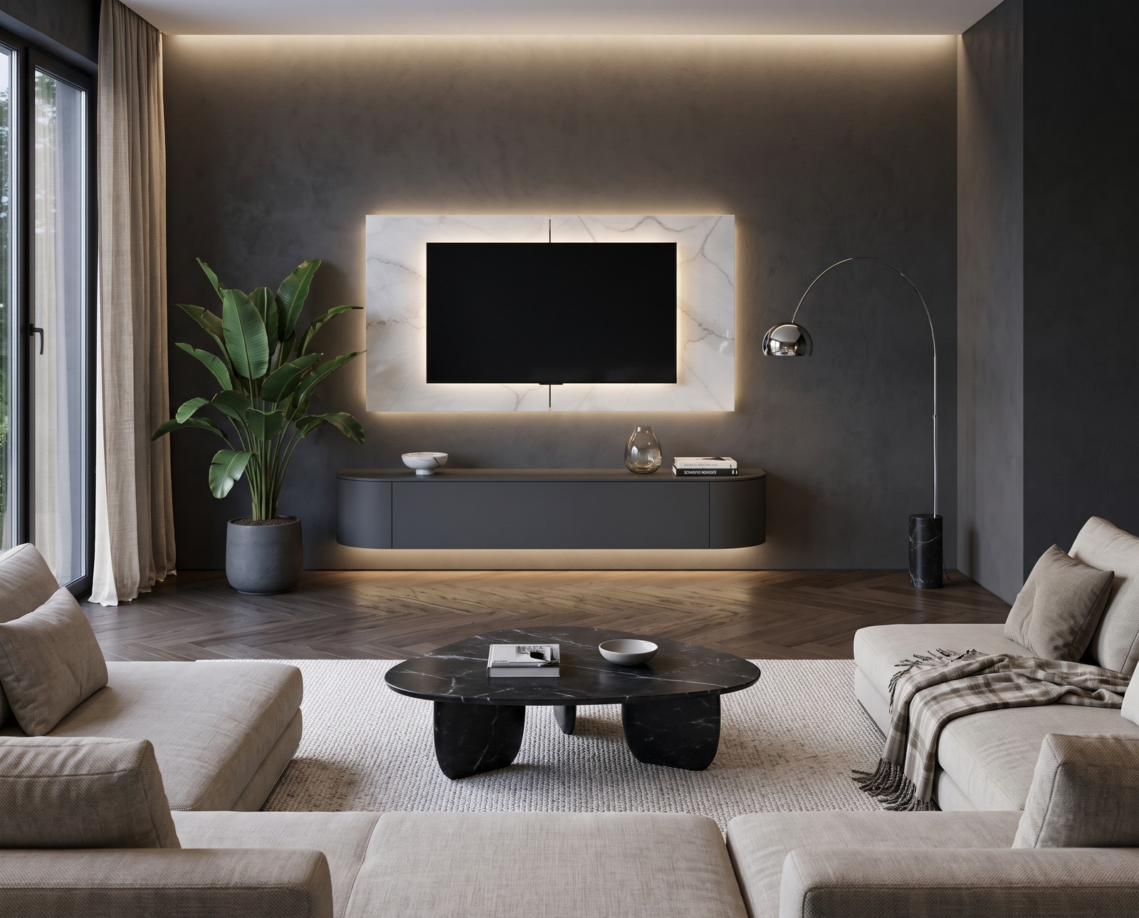 Novamobili Lowboard Tondora in Dunkelgrau matt, B 210 cm, hängend im Wohnzimmer, mit Keramik-TV-Paneel Novamobili Lowboard Tondora in Dunkelgrau matt, B 210 cm, hängend im Wohnzimmer, mit Keramik-TV-Paneel