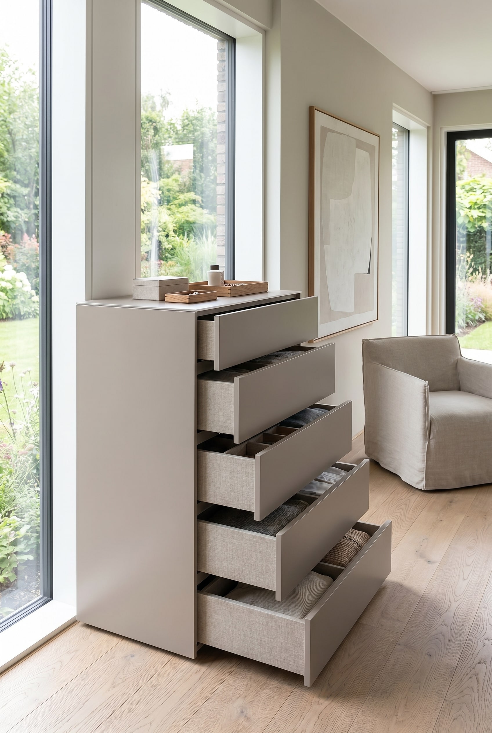 Helles Ankleidezimmer mit schmaler, hoher Design-Kommode mit sechs Auszügen