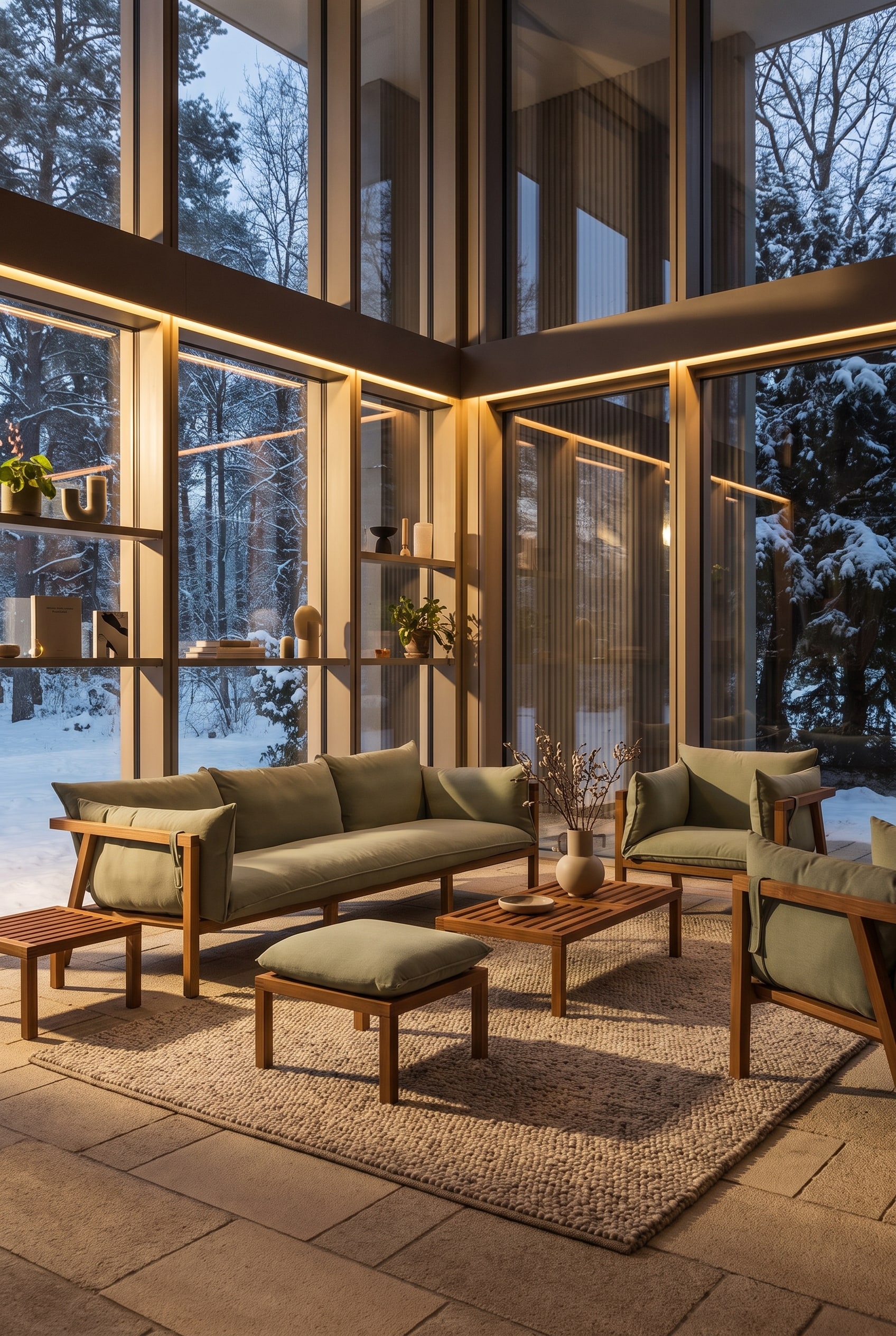 Hochwertige Lounge-Gruppe aus massivem Teakholz mit hellgr&uuml;nen Polstern in einem Wintergarten. Warme Sonnenstrahlen fallen auf die lebendige Holzmaserung.