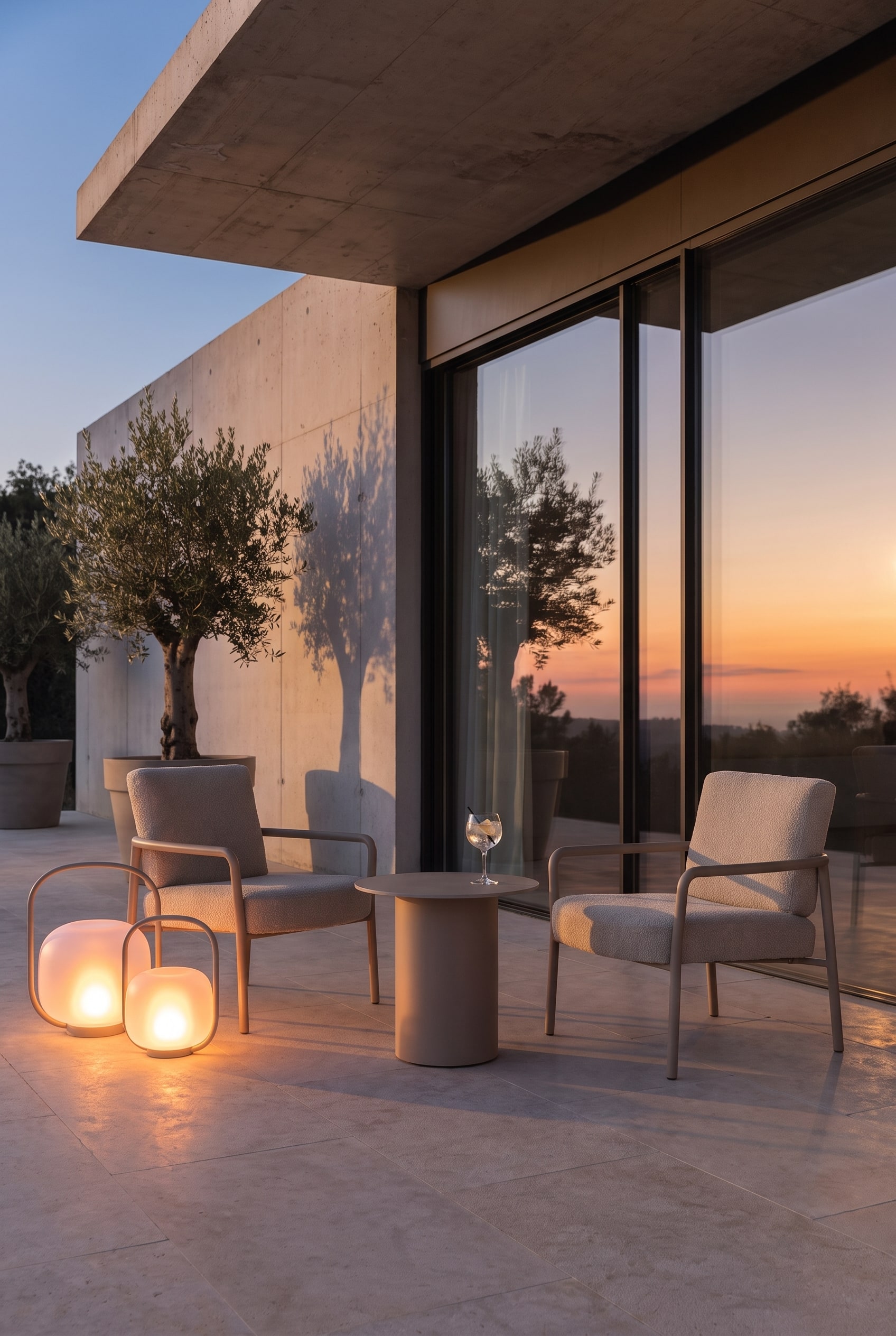 Weitl&auml;ufige Steinterrasse bei Sonnenuntergang mit einem beigefarbenen Outdoor-Sessel mit filigranem Gestell und einem minimalistischen Beistelltisch