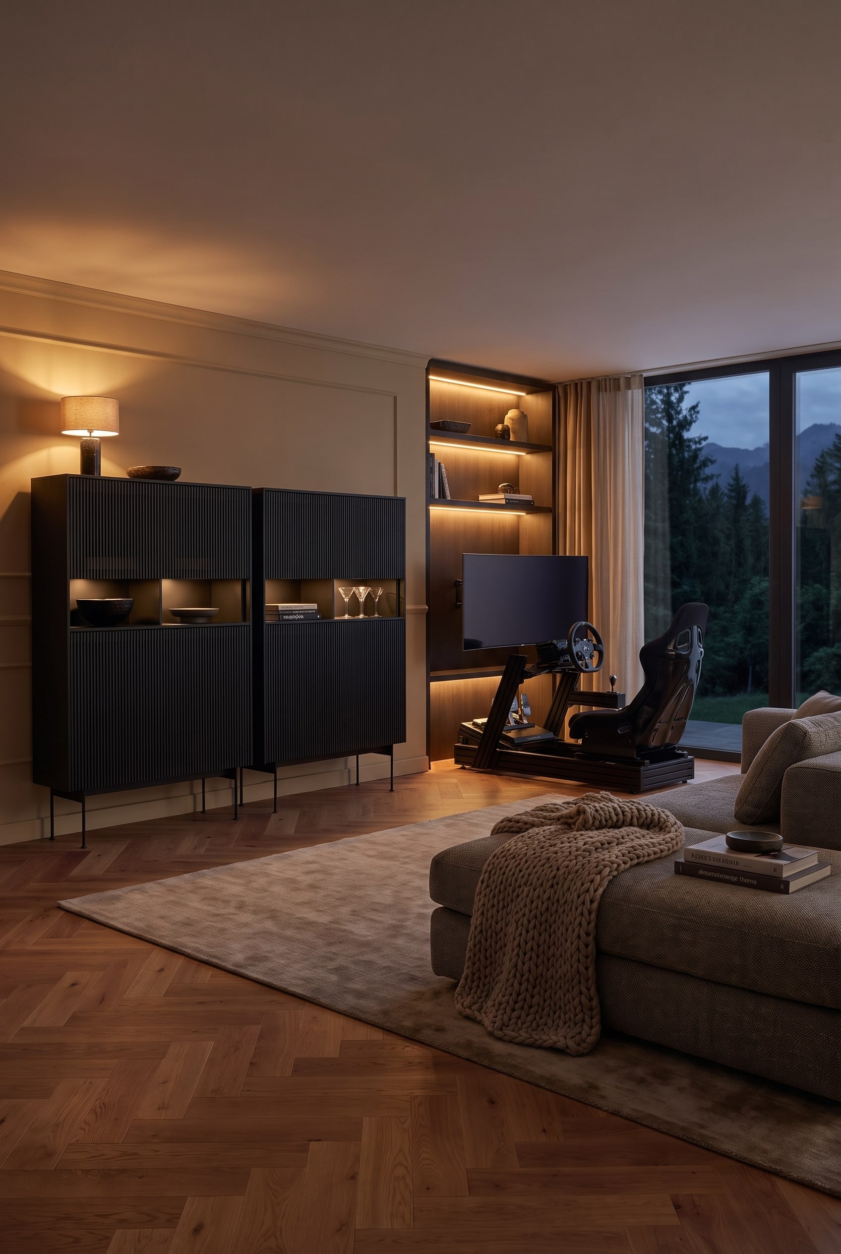 Ein hohes, elegant geriffeltes Highboard aus Walnussholz, dessen geschlossene T&uuml;ren massiven Stauraum f&uuml;r sperrige Gaming-Hardware bieten.