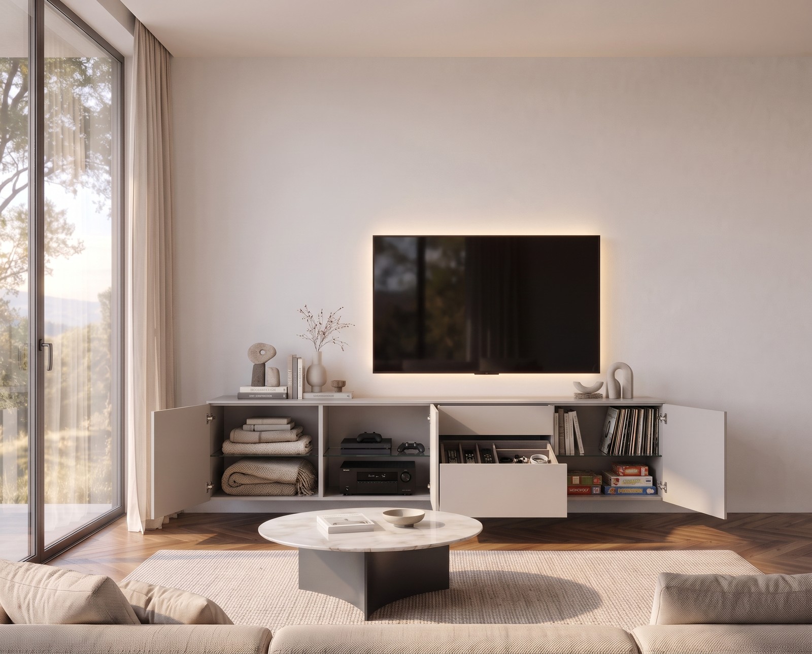 TV-Sideboard Spaziora B 240 cm in Hellgrau matt mit geöffneten Türen