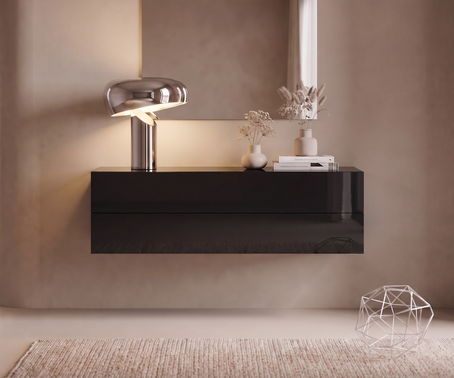 Novamobili Easy Hängekommode Schwarz Hochglanz Novamobili Easy Hängekommode in Schwarz Hochglanz, schwebende Kommode mit zwei Schubladen im minimalistischen Flur.
