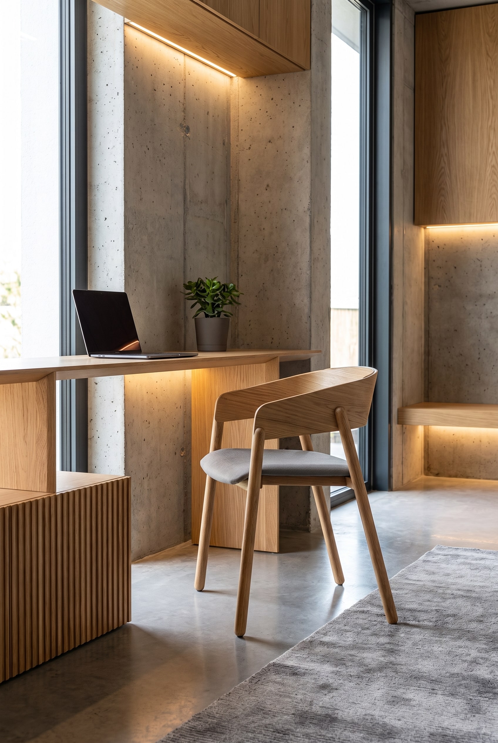 Moderner heller Raum mit Sichtbeton-Wand und Massivholzstuhl in Eiche am Schreibtisch