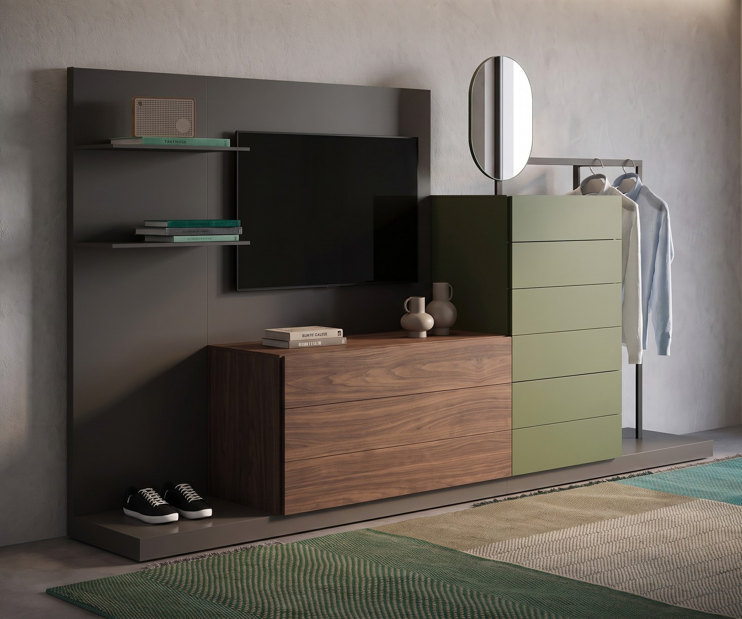 Novamobili Easy 9 Kommode mit Garderobe und TV-Paneel Novamobili Easy 9 Kommode mit Garderobe und TV-Paneel im Flur. Modulares System aus Holz und Olivgrün im modernen Design.