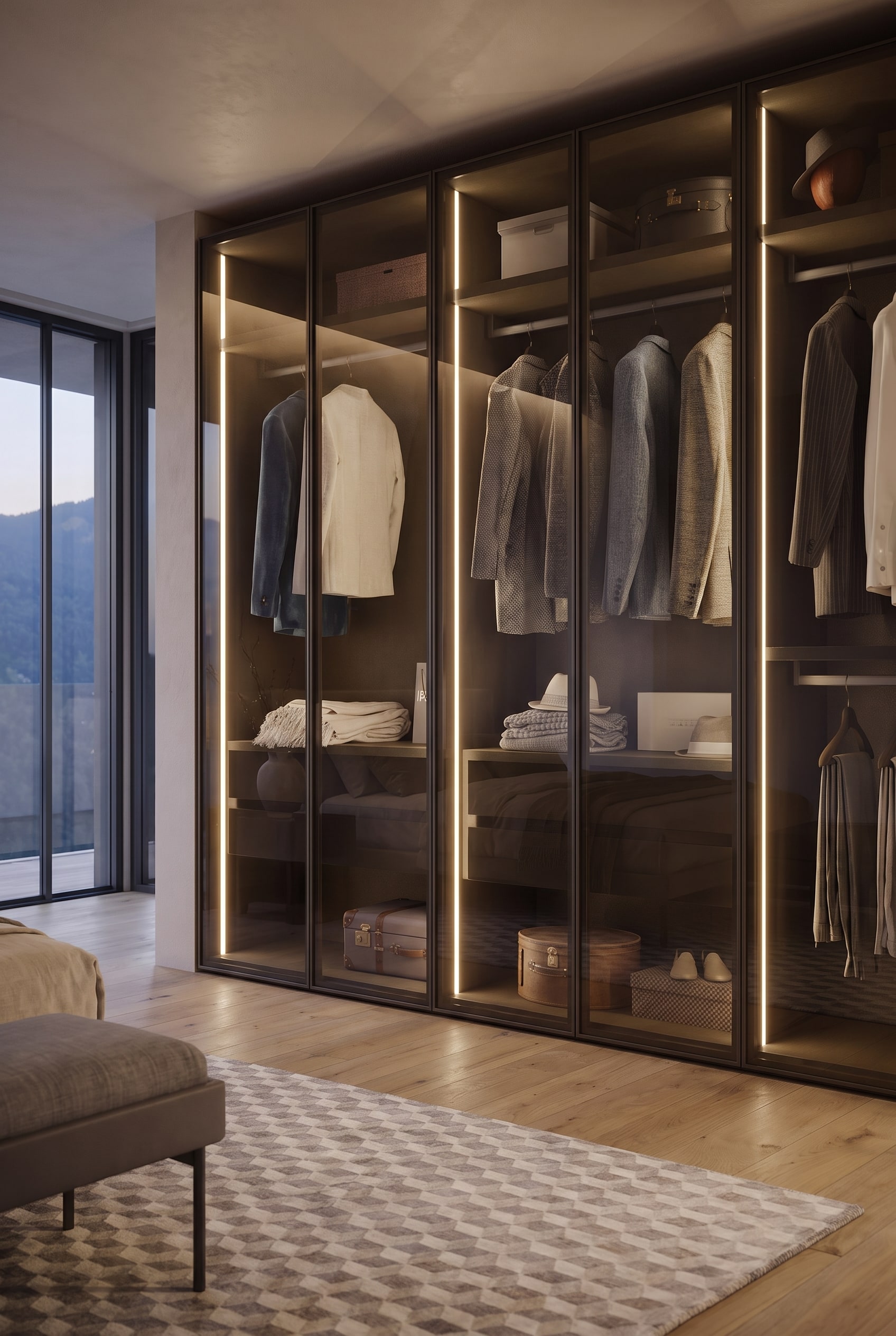 Garderobe hinter get&ouml;ntem Glas, beleuchtet durch vertikale, warmwei&szlig;e LED-Leisten im Novamobili Perry System.