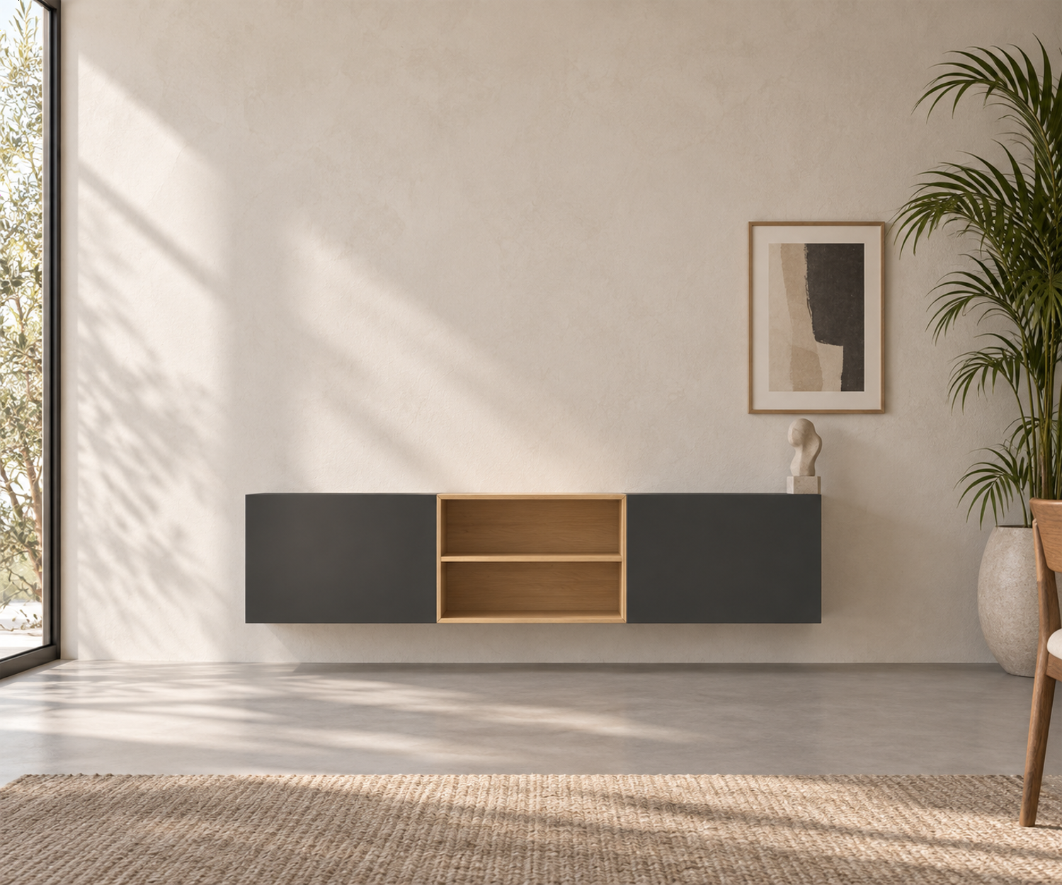 Livitalia Box 18 Wand Sideboard 180 cm – Matt Dunkelgrau + Eiche Hell