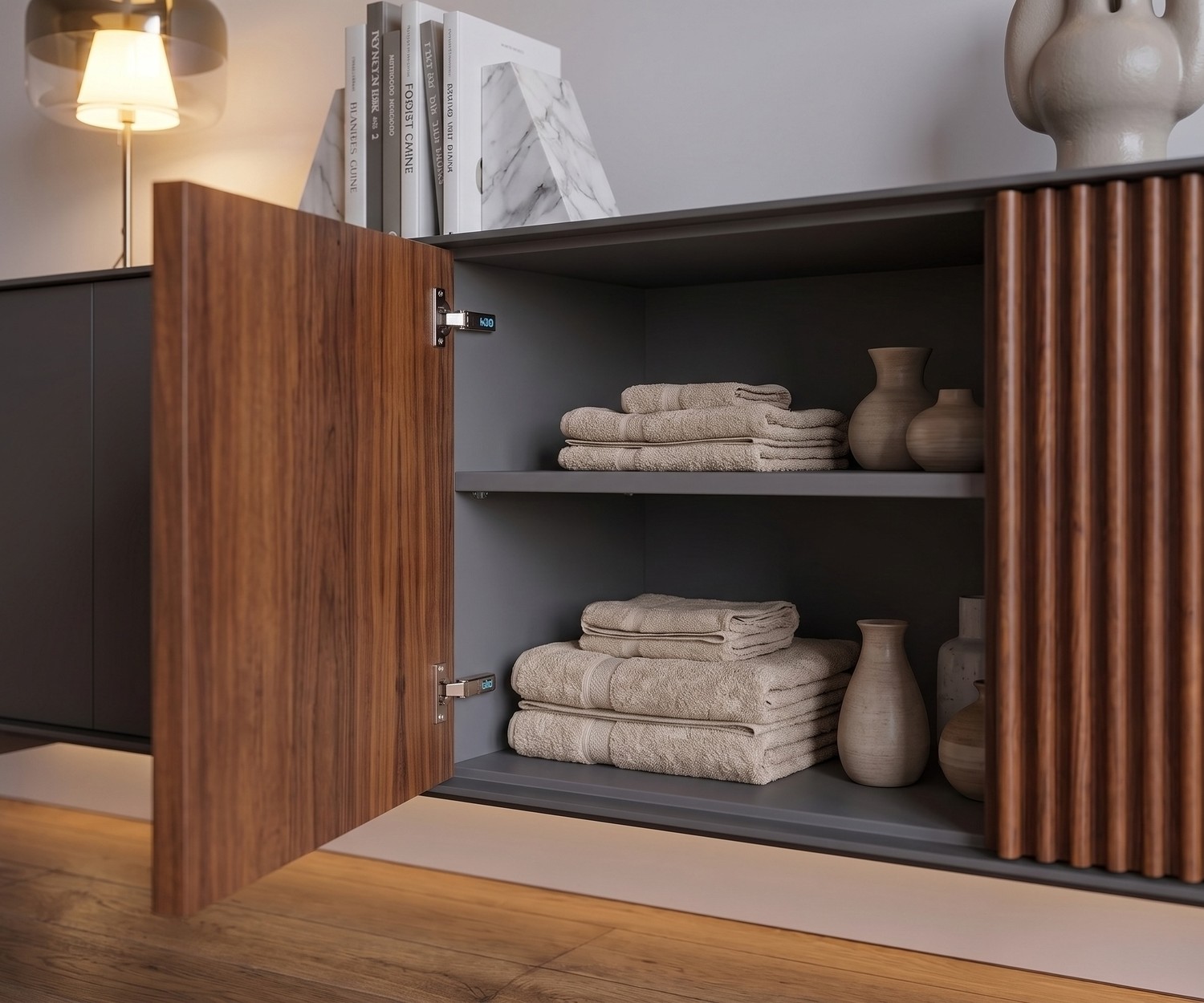 al2 ka-bera 003 B Design Sideboard geöffnet mit Handtüchern im Bad, moderner Holzschrank mit LED-Unterbodenlicht.