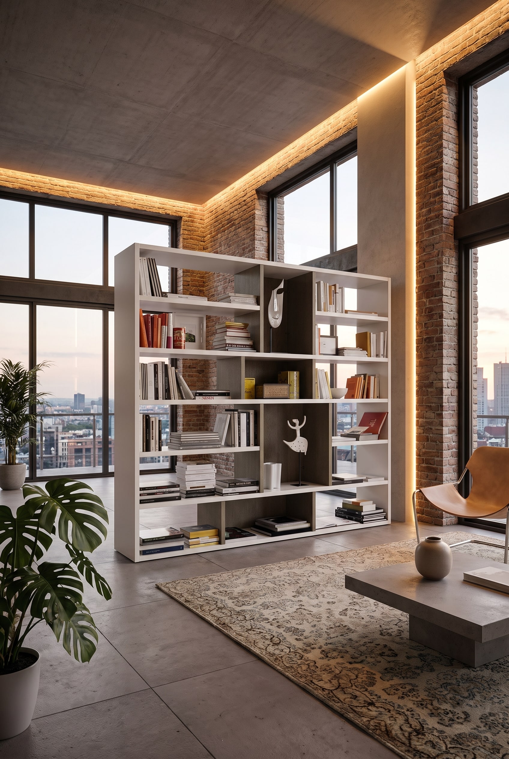 Modernes offenes Loft mit gro&szlig;em wei&szlig;em Raumteiler-Regal als Trennung zwischen Wohn- und Essbereich