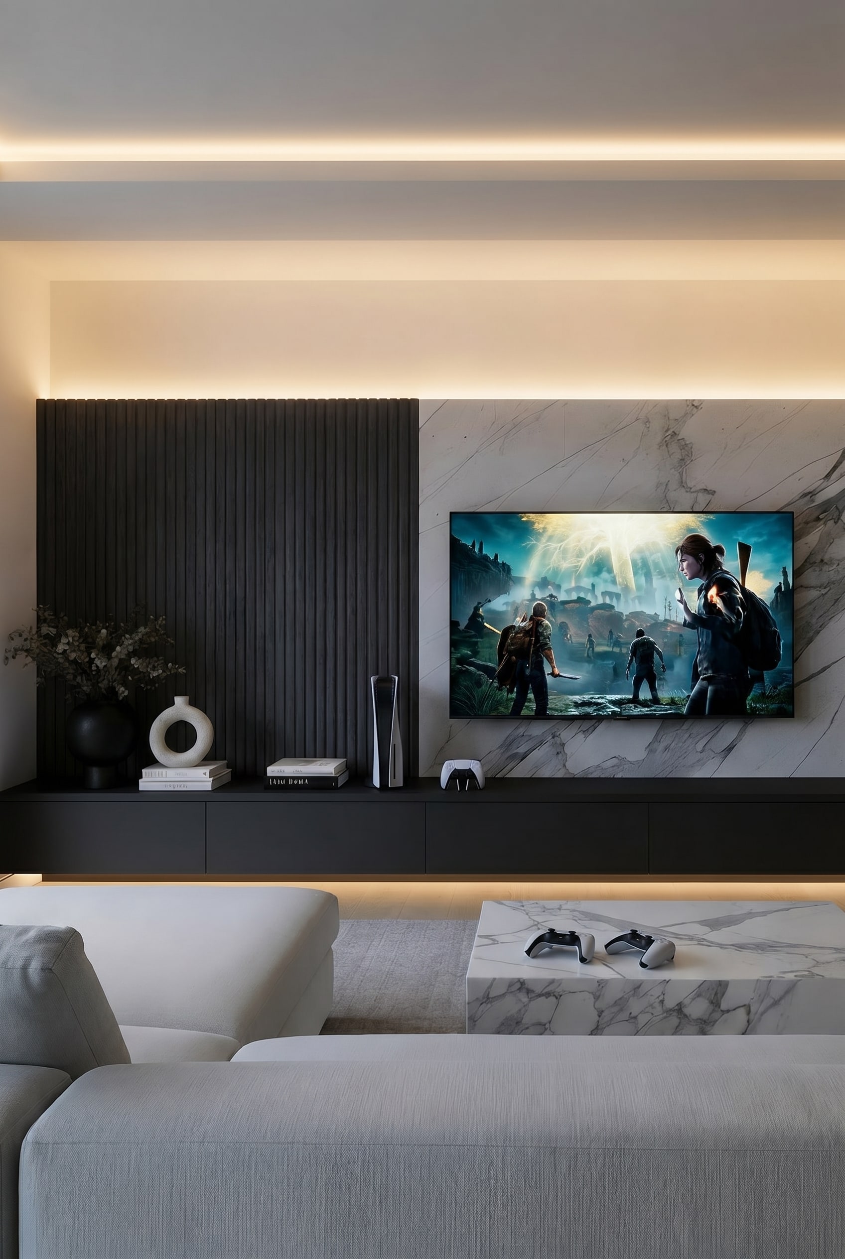 Wohnzimmer mit maßgefertigter Wohnwand, integriertem Fernseher, dunklen Holzlamellen und Glasnische