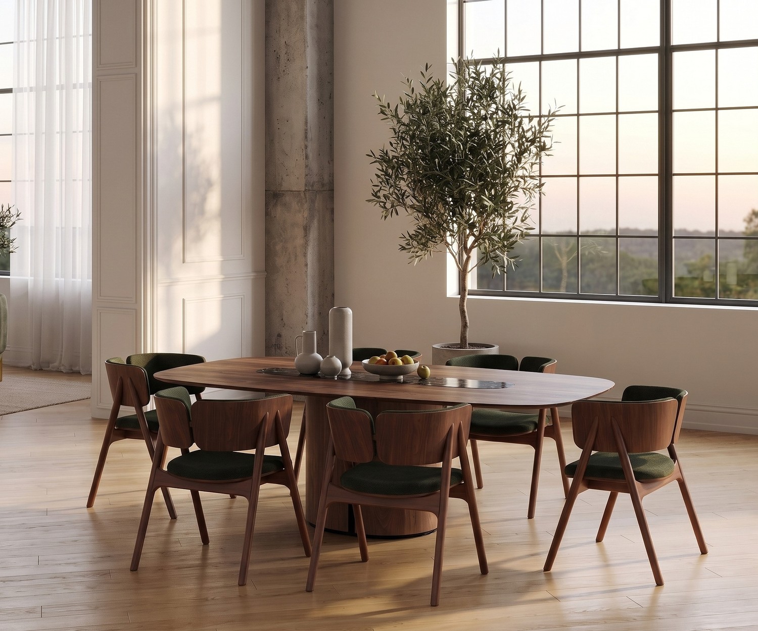 Design Esstisch al2 el-it c 001 mit ovaler Keramikplatte und Holzsockel in einem modernen, hellen Esszimmer.