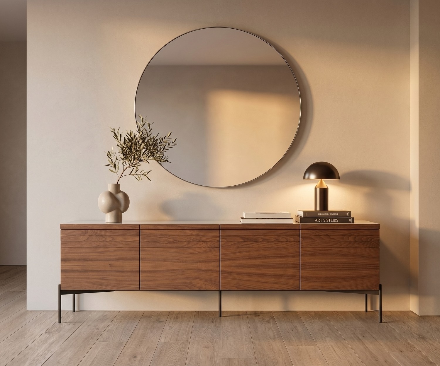 al2 o-rizon 003 Sideboard aus Holz mit 4 Türen al2 o-rizon 003 Design-Sideboard aus Holz für viel Stauraum im modernen Wohnzimmer mit großem, rundem Wandspiegel.