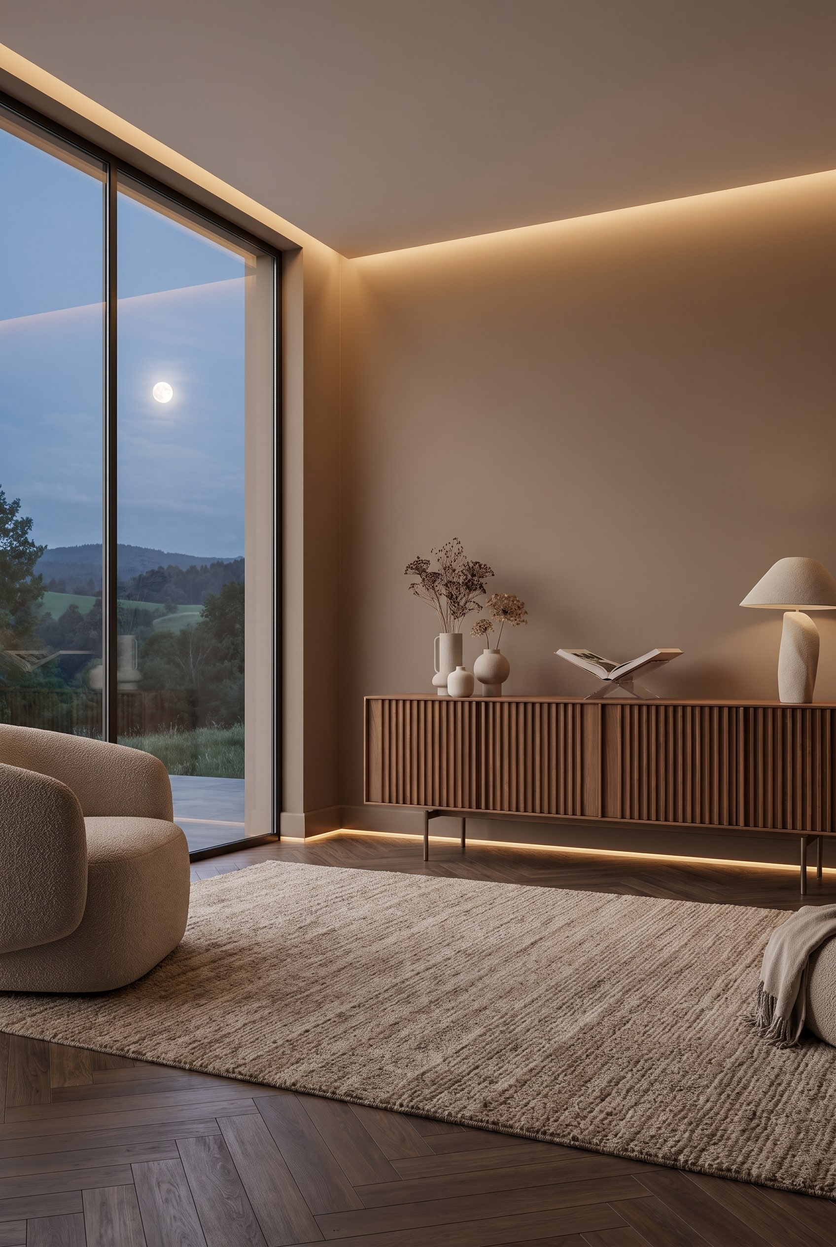 Ein elegantes, modernes Massivholz-Sideboard steht vor einer warmen, kaffeebraunen Wand im Farbton Macchiato, welche die Kanten weich zeichnet.