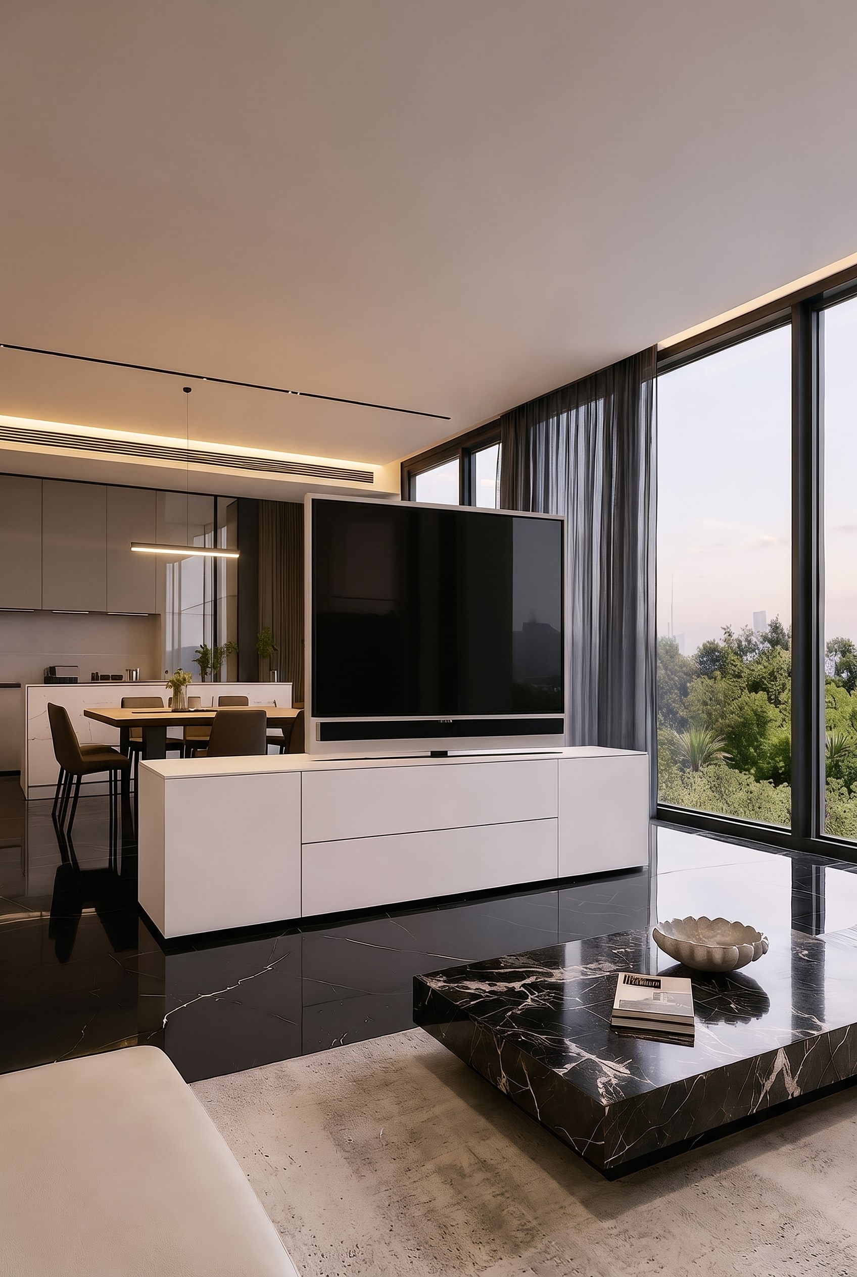 Offener Wohn-Essbereich mit dem Livitalia Roto Sideboard als Raumteiler und drehbarem TV-Paneel