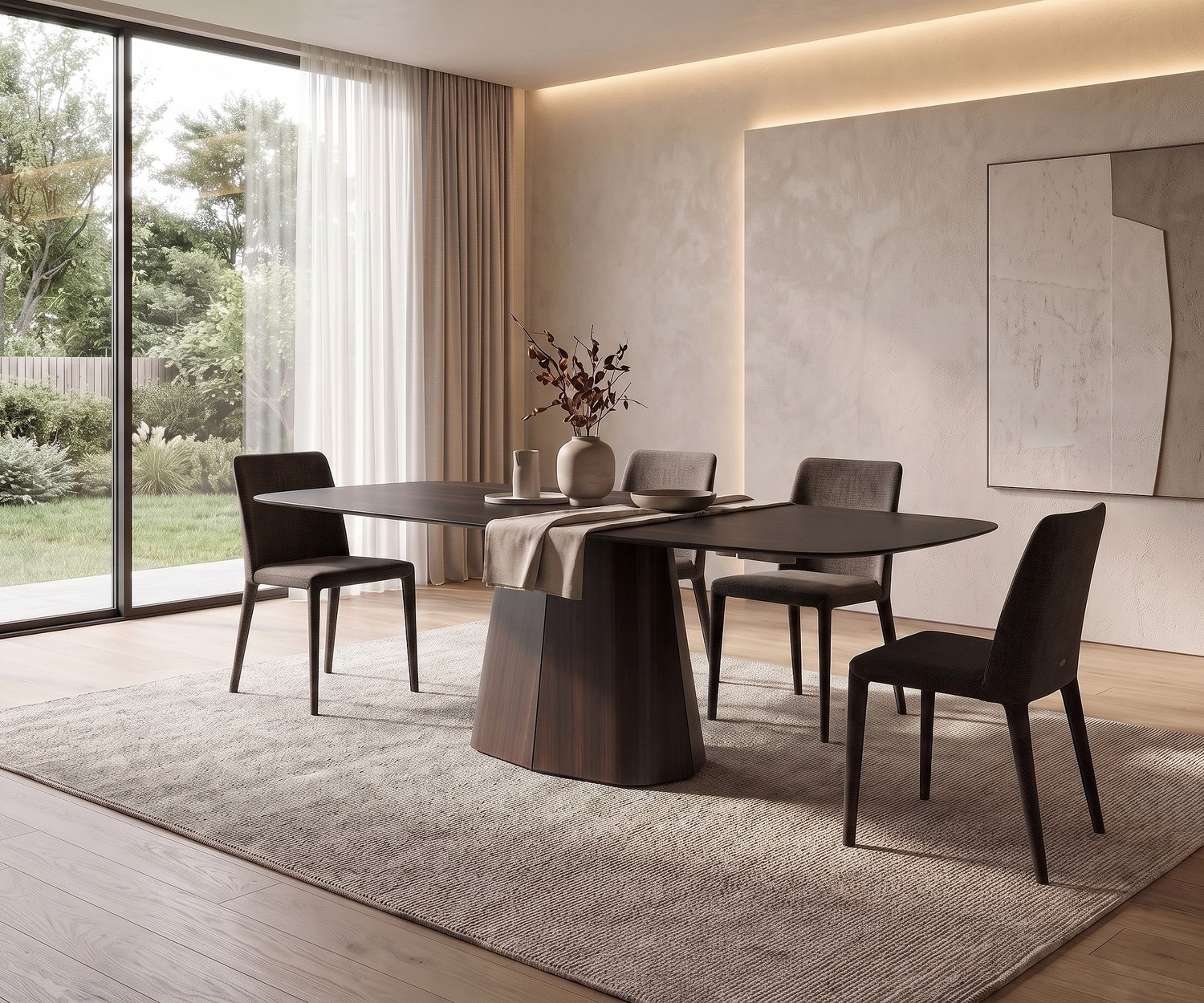 al2 tessera 001 Esstisch für stilvolles Essen im modernen Esszimmer, ovaler Design-Tisch aus dunklem Holz.