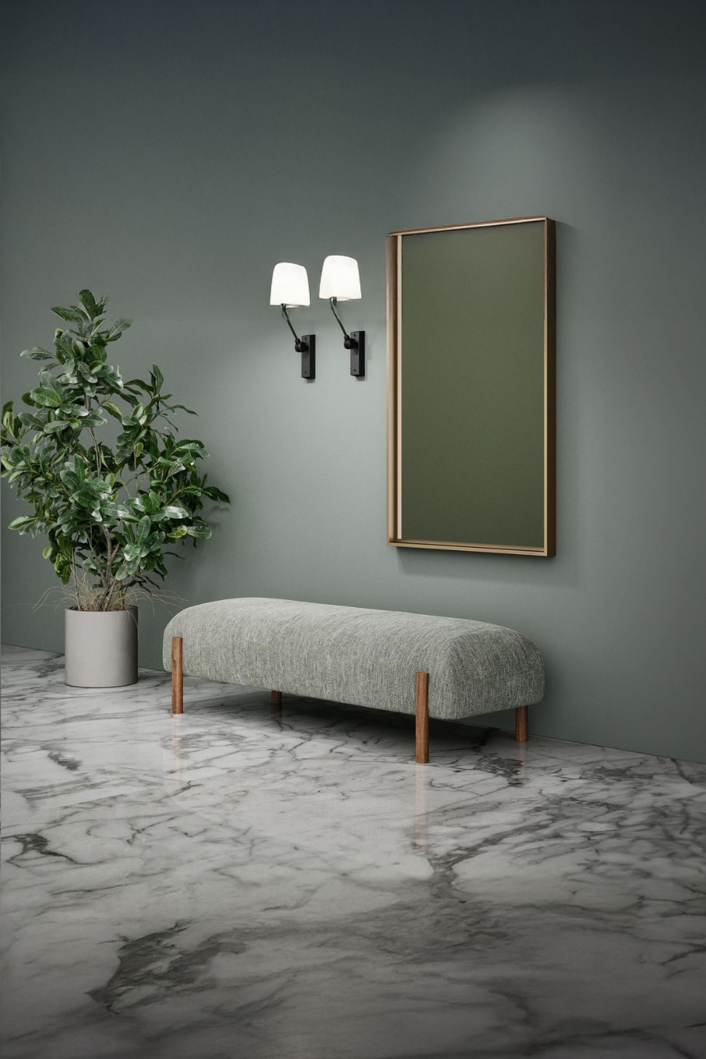 grau-gestaltete-diele-mit-gepolsterter-sitzbank-und-grosser-topfpflanze-auf-marmoriertem-fliesenboden