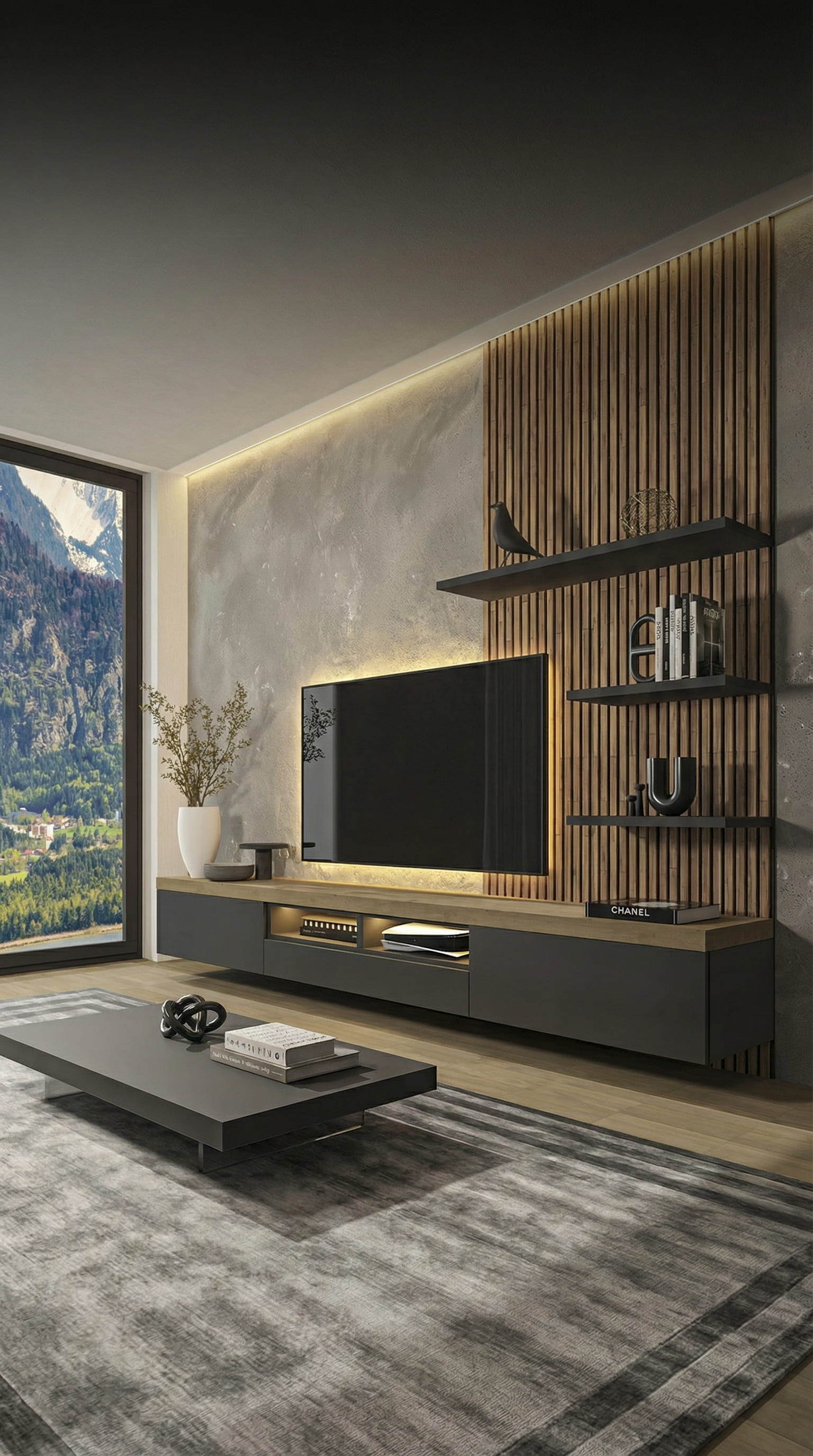 Moderne TV Wohnwand mit offenem Fach für Spielkonsole und indirekter Beleuchtung