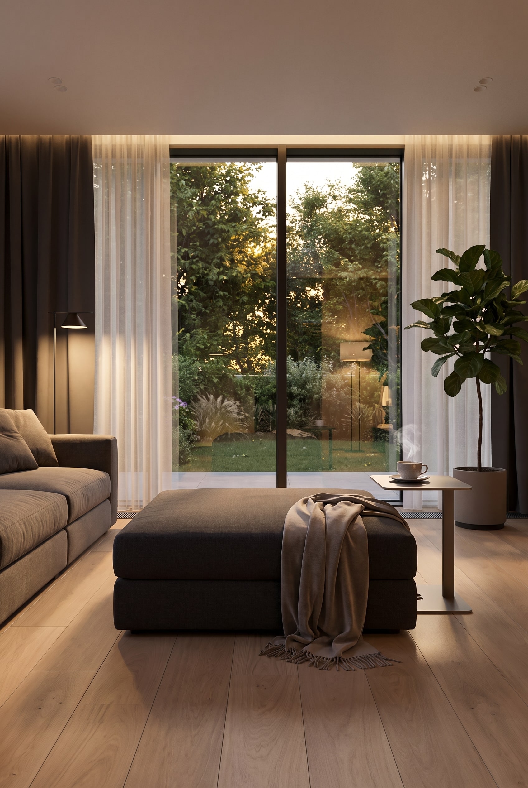 Lounge-Bereich mit einem puristischen, quadratischen Polster-Pouf in Dunkelgrau, der als flexible Sitzgelegenheit vor einem Fenster platziert ist.