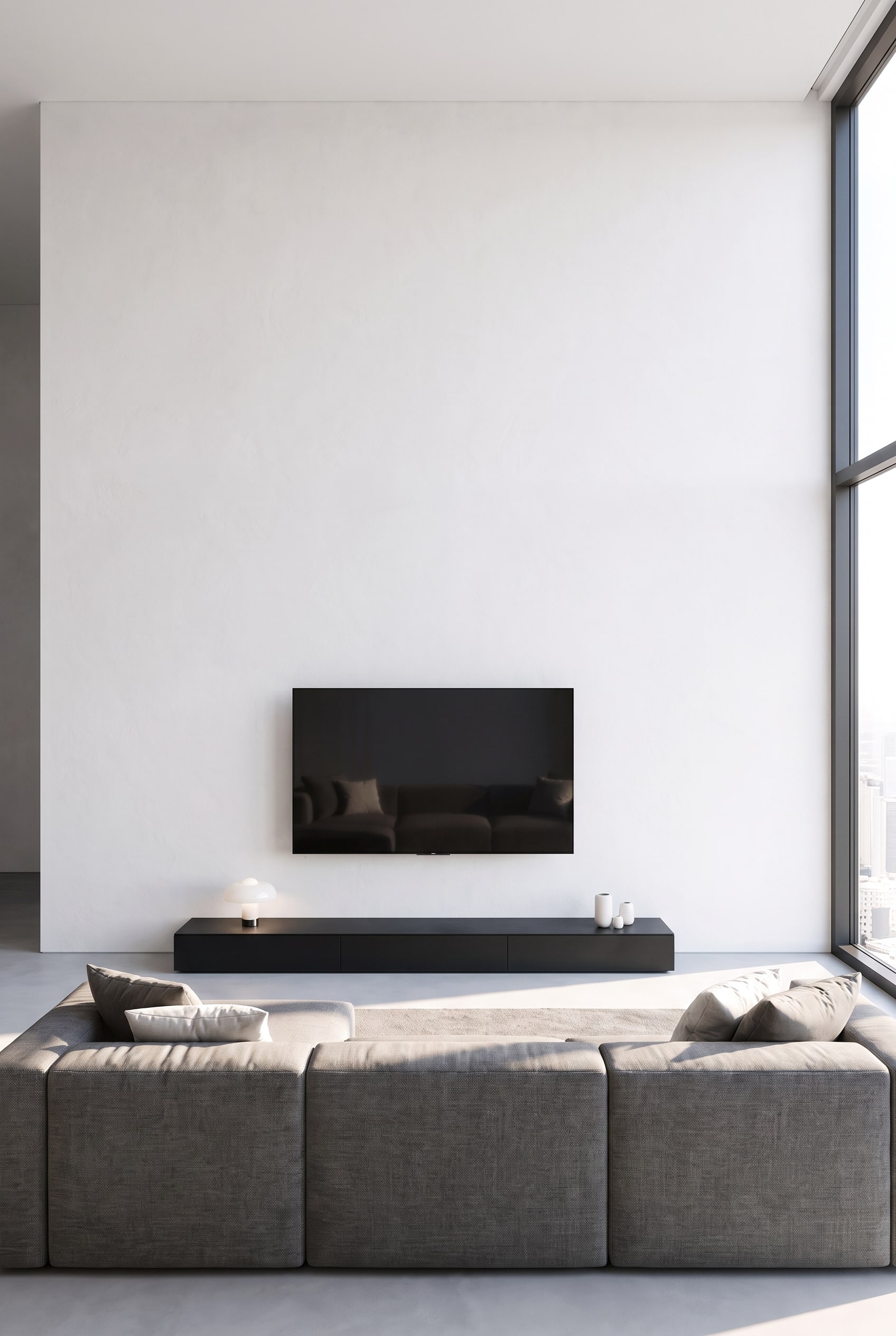 Eine 5,50 Meter lange, reinwei&szlig; verputzte Wand in einem gro&szlig;en Wohnzimmer, an der ein 65-Zoll-Fernseher &uuml;ber einem zu kurzen Standard-Sideboard h&auml;ngt.