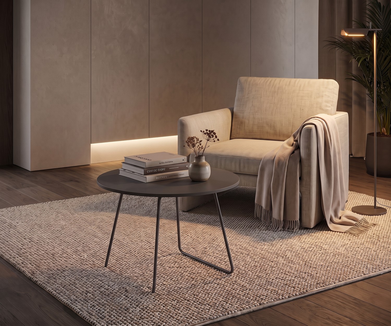Couchtisch Orbis von Novamobili als Beistelltisch im Wohnzimmer neben Sessel, runder dunkler Tisch im modernen Design