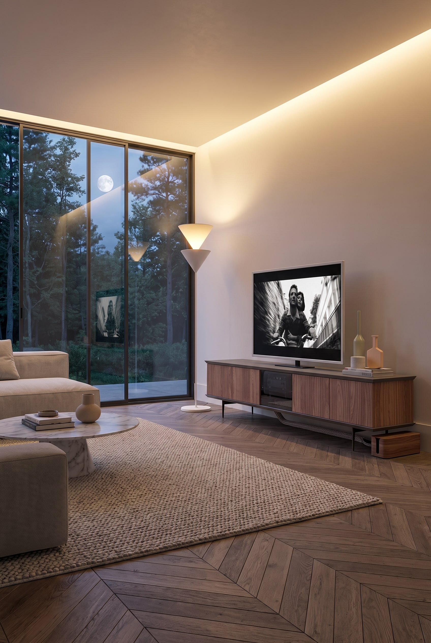 Ozzio Brera TV Media Lowboard im Wohnzimmer mit eleganter und unsichtbarer Kabelführung