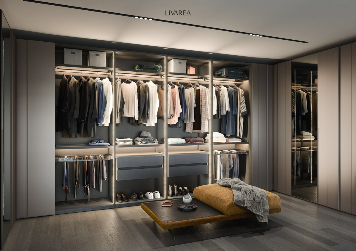 Luxuriöse Einbauschränke in Lack mit Doppelschubladen und Spiegeltüren Luxuriöse Einbauschränke in Lack mit Doppelschubladen und Spiegeltüren