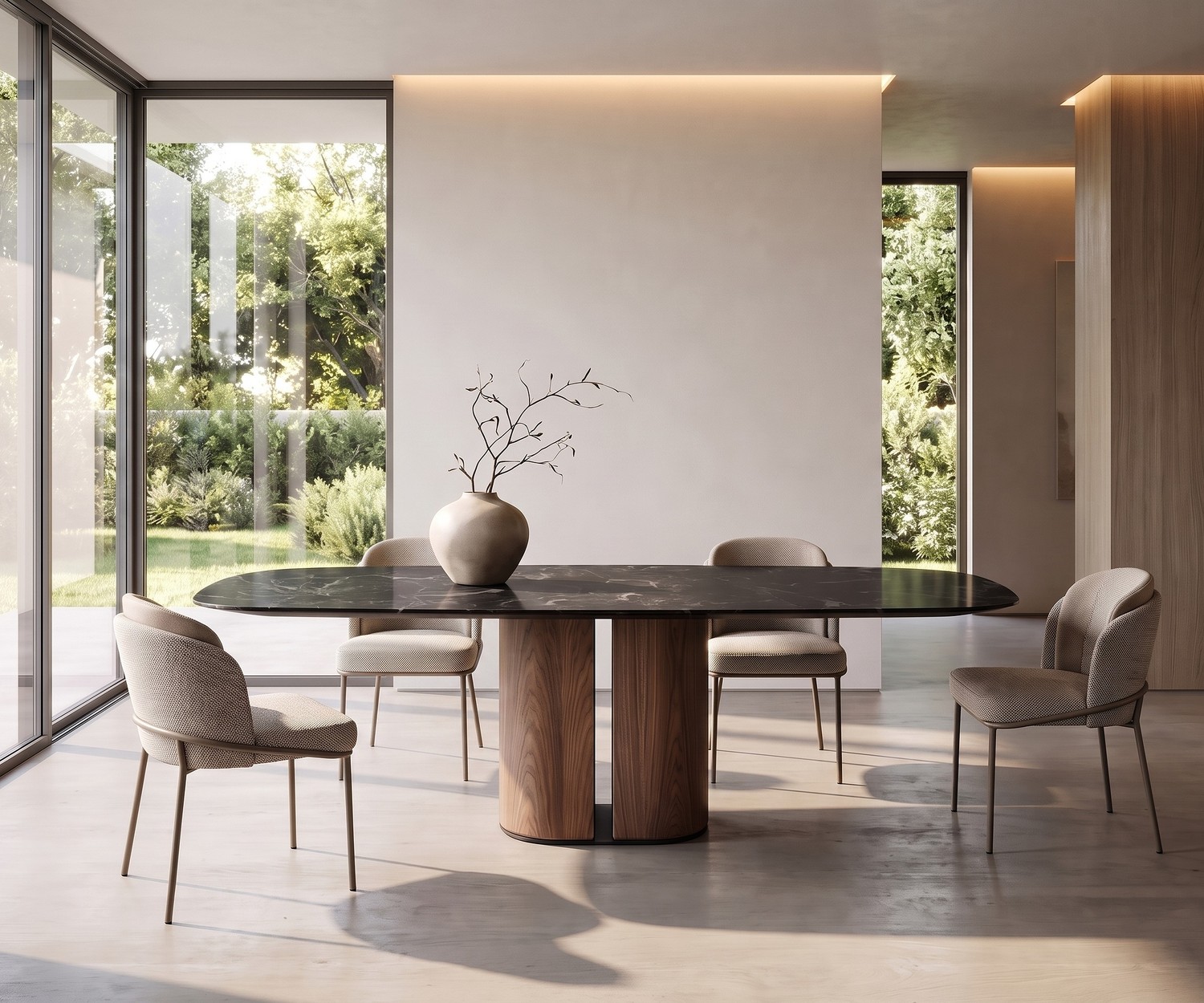 Design Esstisch al2 el-it c 001 mit ovaler Keramikplatte und Holzsockel in einem modernen, hellen Esszimmer.