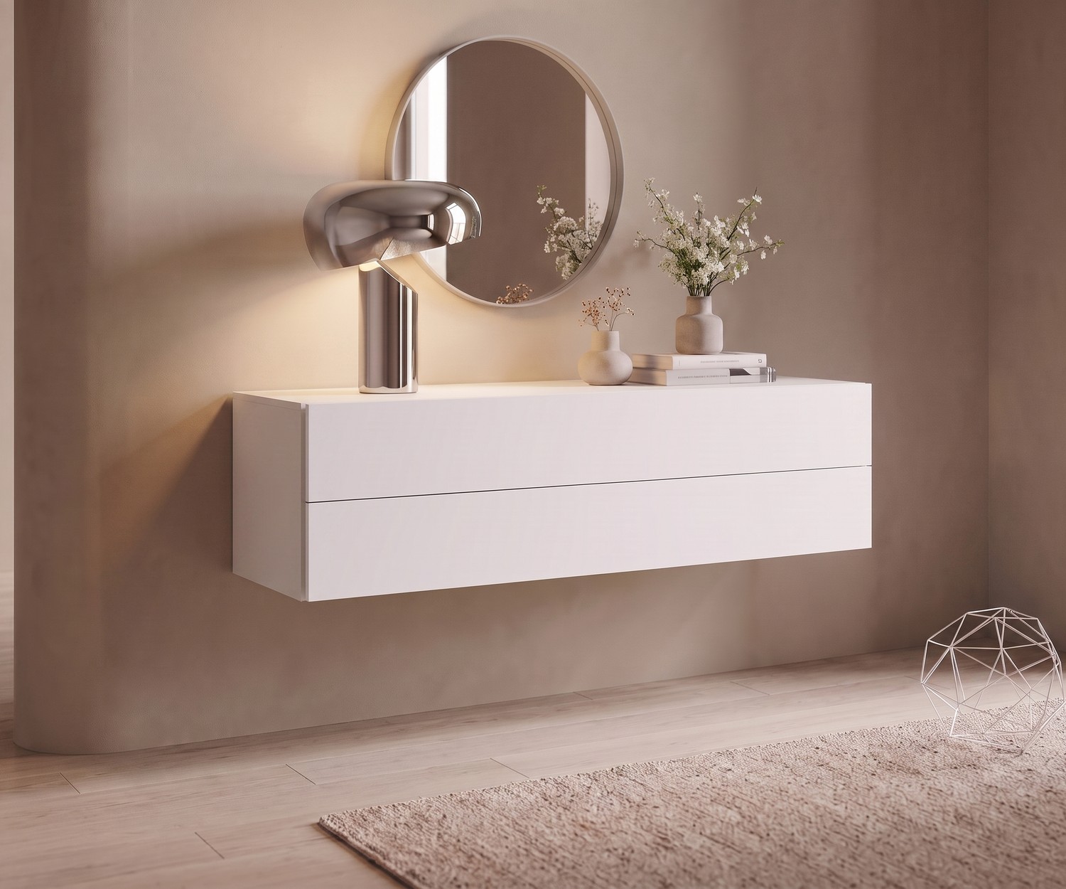 Hängekommode Easy von Novamobili für den Flur, modernes schwebendes Sideboard in Weiß im minimalistischen Design.