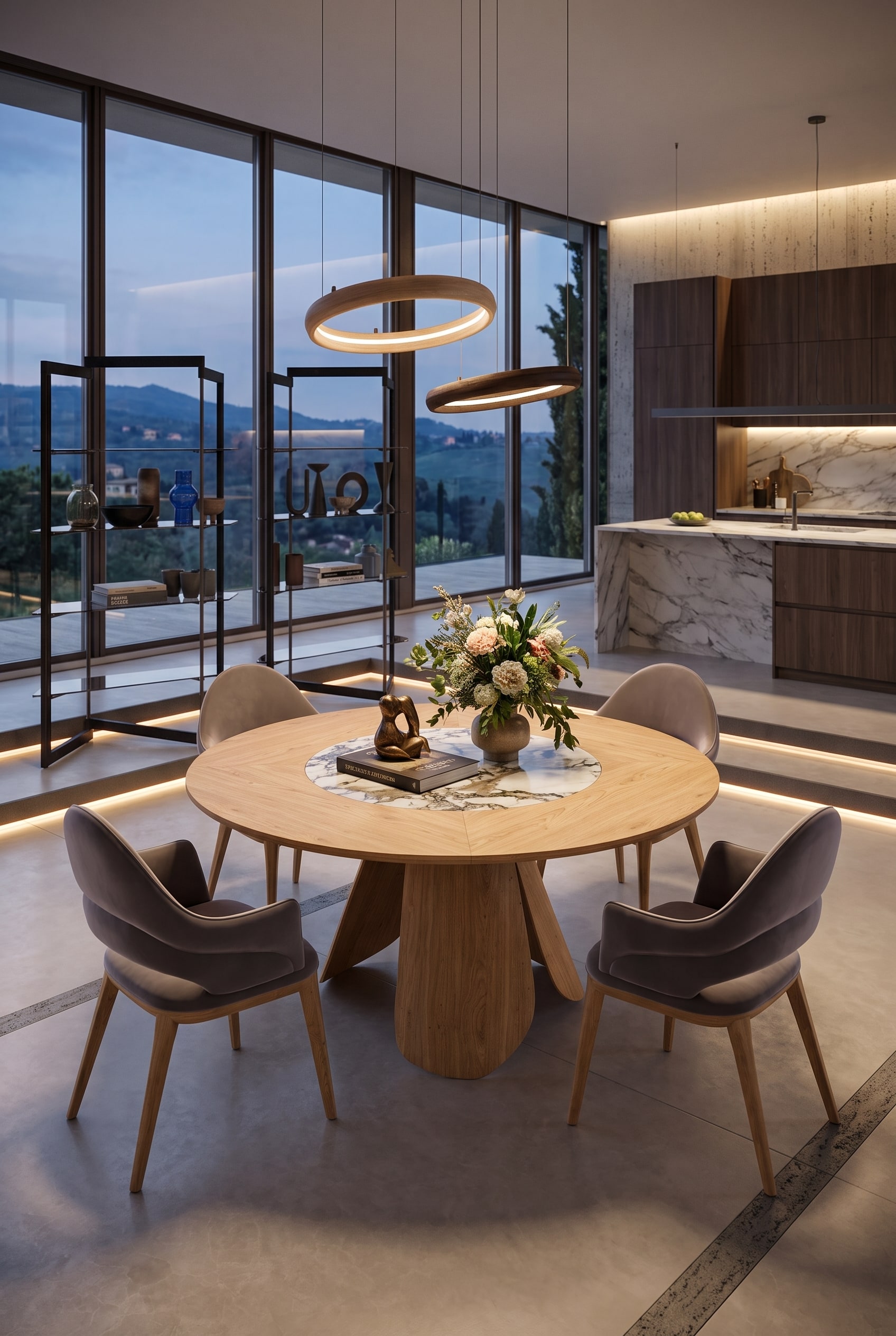 Modernes Esszimmer mit einem runden Esstisch und einem skulpturalen, verdrehten Holzgestell, dazu vier elegante Samtstühle