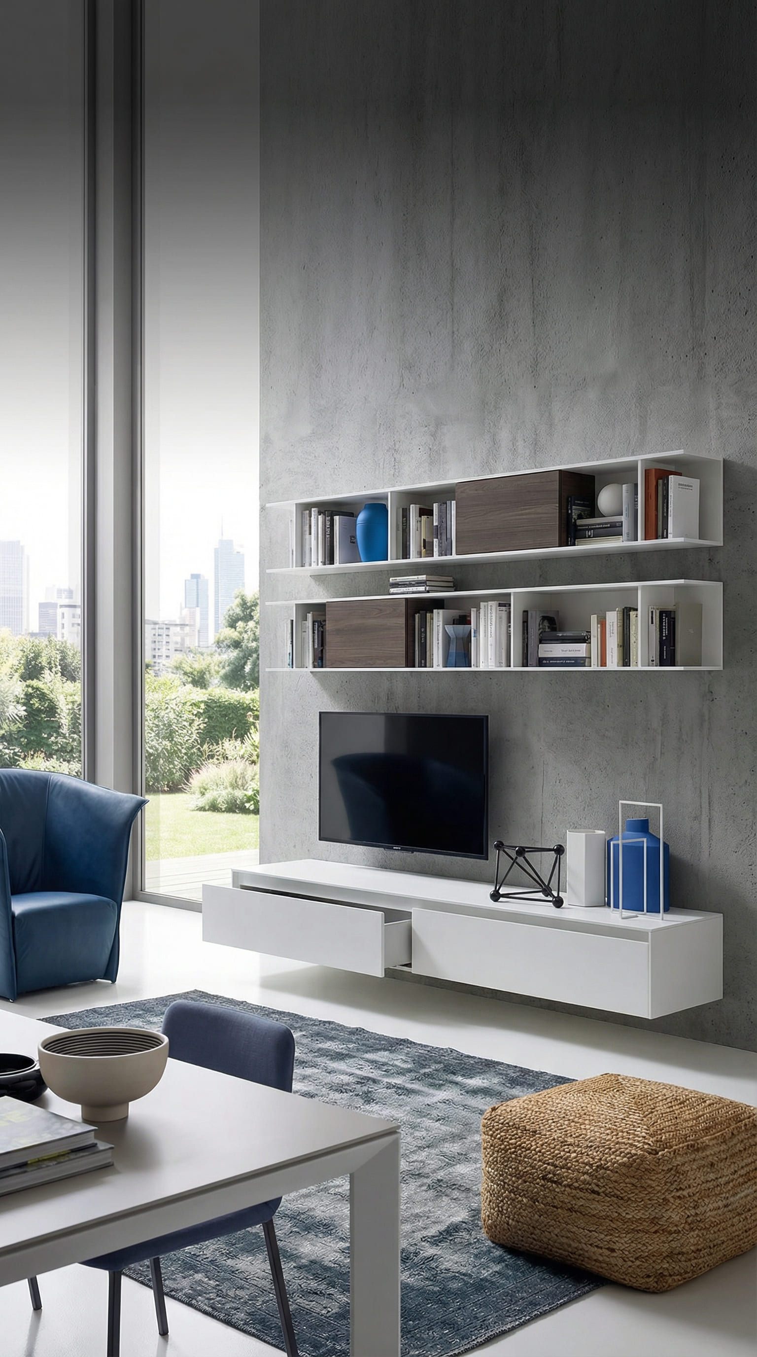 Weißes mattes Lowboard mit integrierter Griffleiste im Detail Weißes mattes Lowboard mit integrierter Griffleiste im Detail