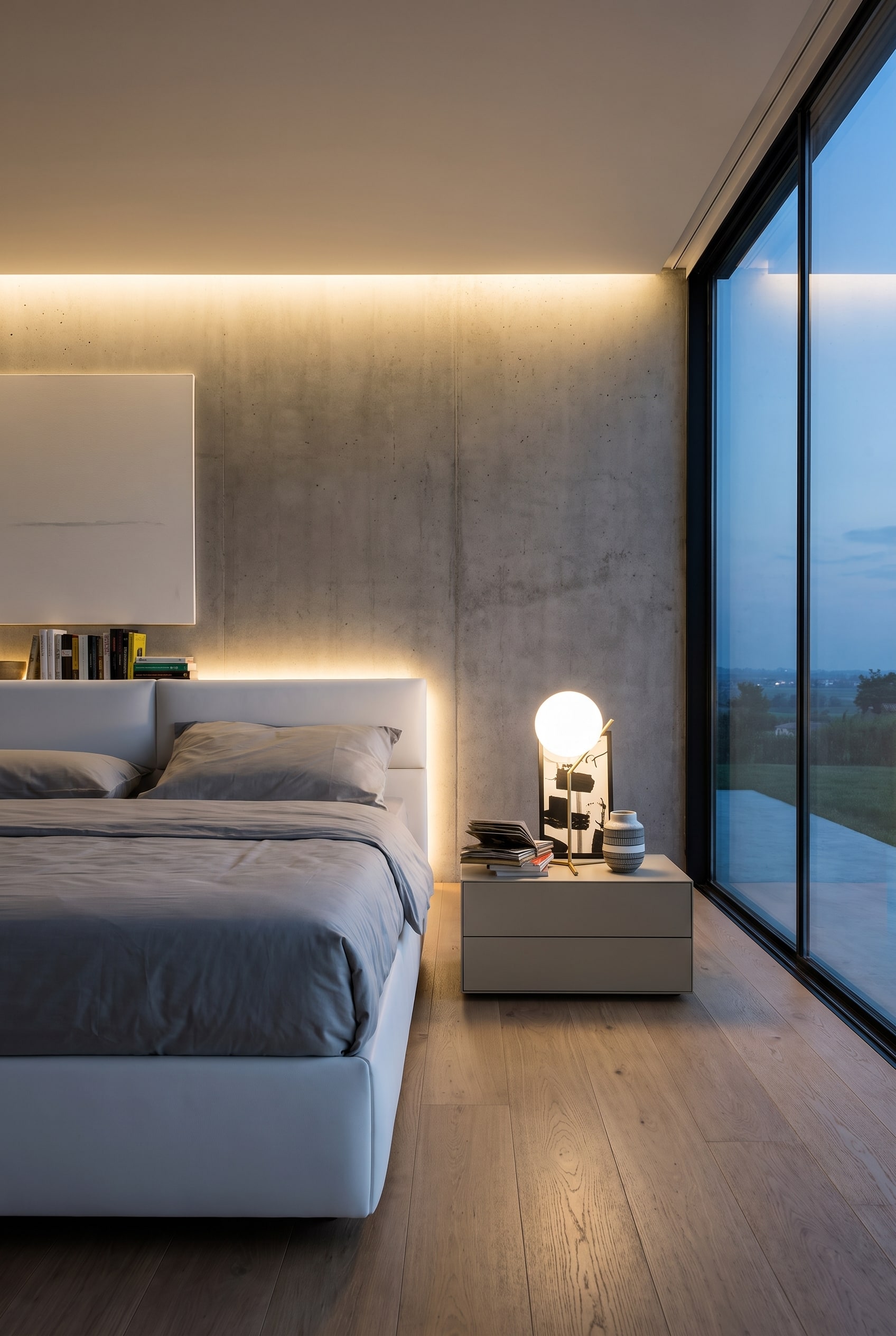 Asymmetrisches Schlafzimmer mit einem breiten Livitalia Ecletto Nachttisch 2 Schubladen und indirekter Beleuchtung