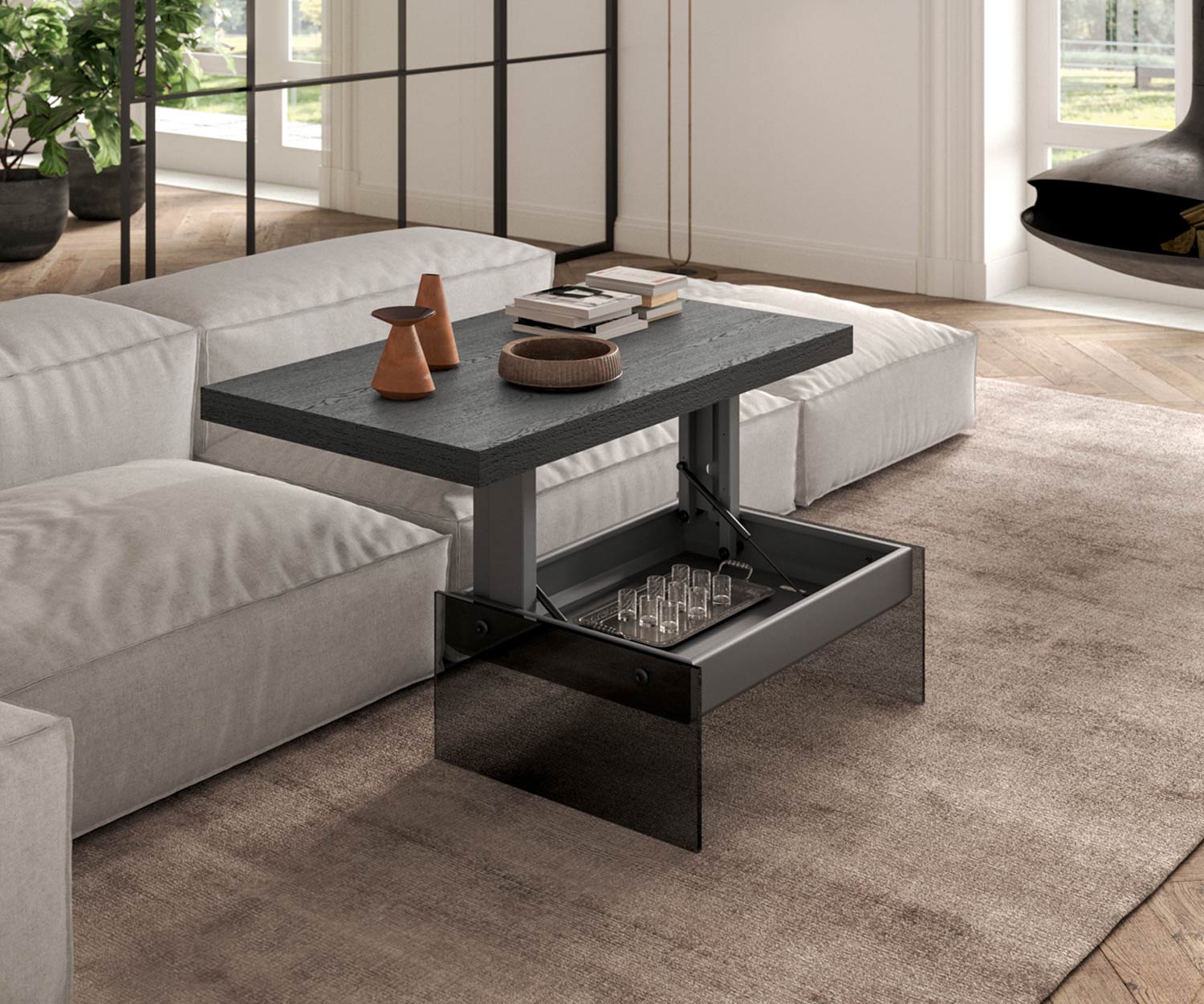 Schwarze Tischplatte Bellagio Couchtisch von Ozzio im Wohnzimmer geschlossen Schwarze Tischplatte Bellagio Couchtisch von Ozzio im Wohnzimmer geschlossen