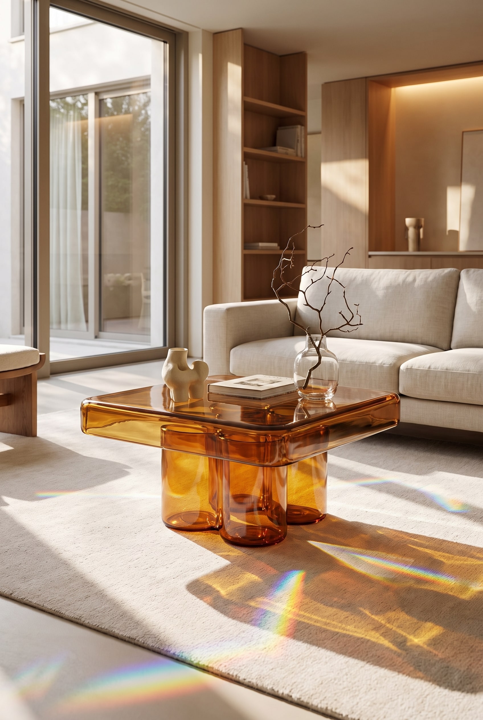 Lichtdurchflutetes Wohnzimmer mit einem quadratischen Couchtisch aus massivem, bernsteinfarbenem Muranoglas auf einem hellen Teppich, der bunte Lichtreflexe wirft.