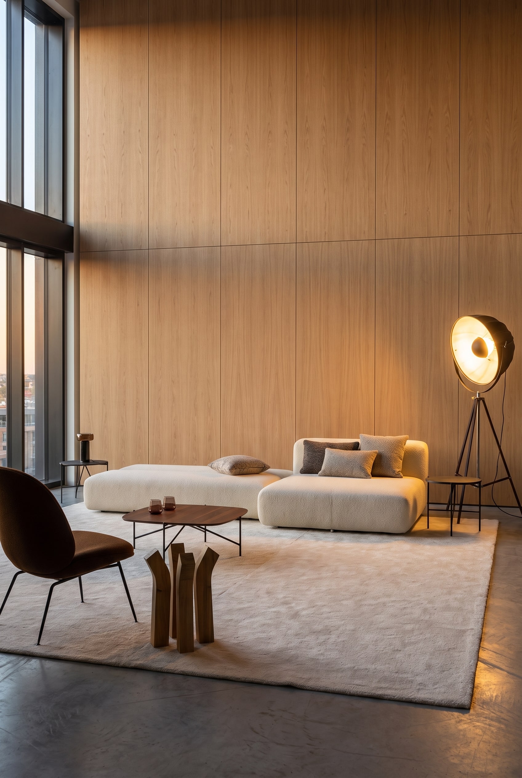 Gem&uuml;tliches modulares Sofa in hellem Stoff mit liebevoll arrangierten Kissen, Holztisch und warmer Beleuchtung im industriellen Loft-Stil