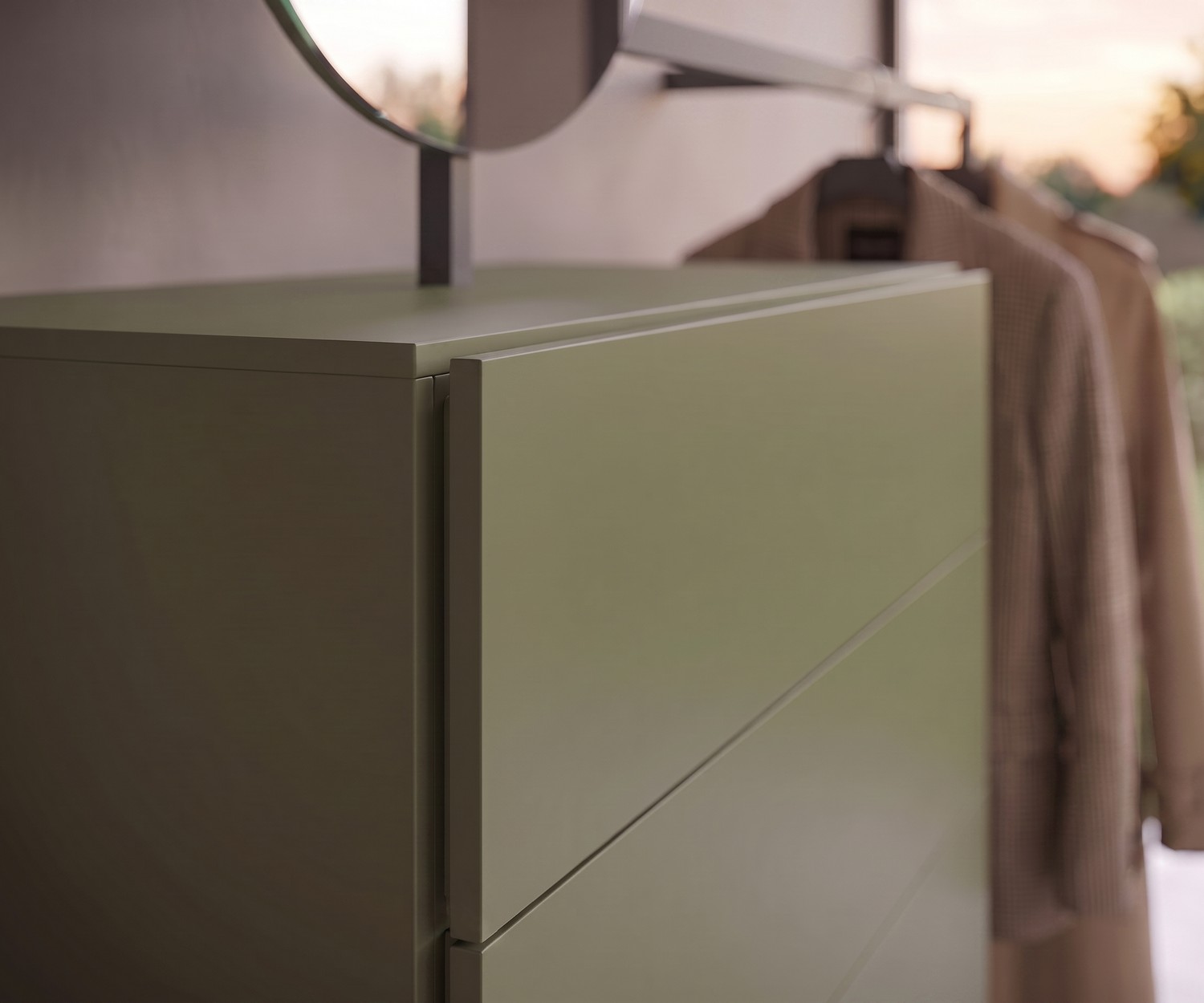 Novamobili Kommode Easy 9 für Flur und Schlafzimmer, moderne Garderobe in Olivgrün mit Schubladen zur Aufbewahrung.