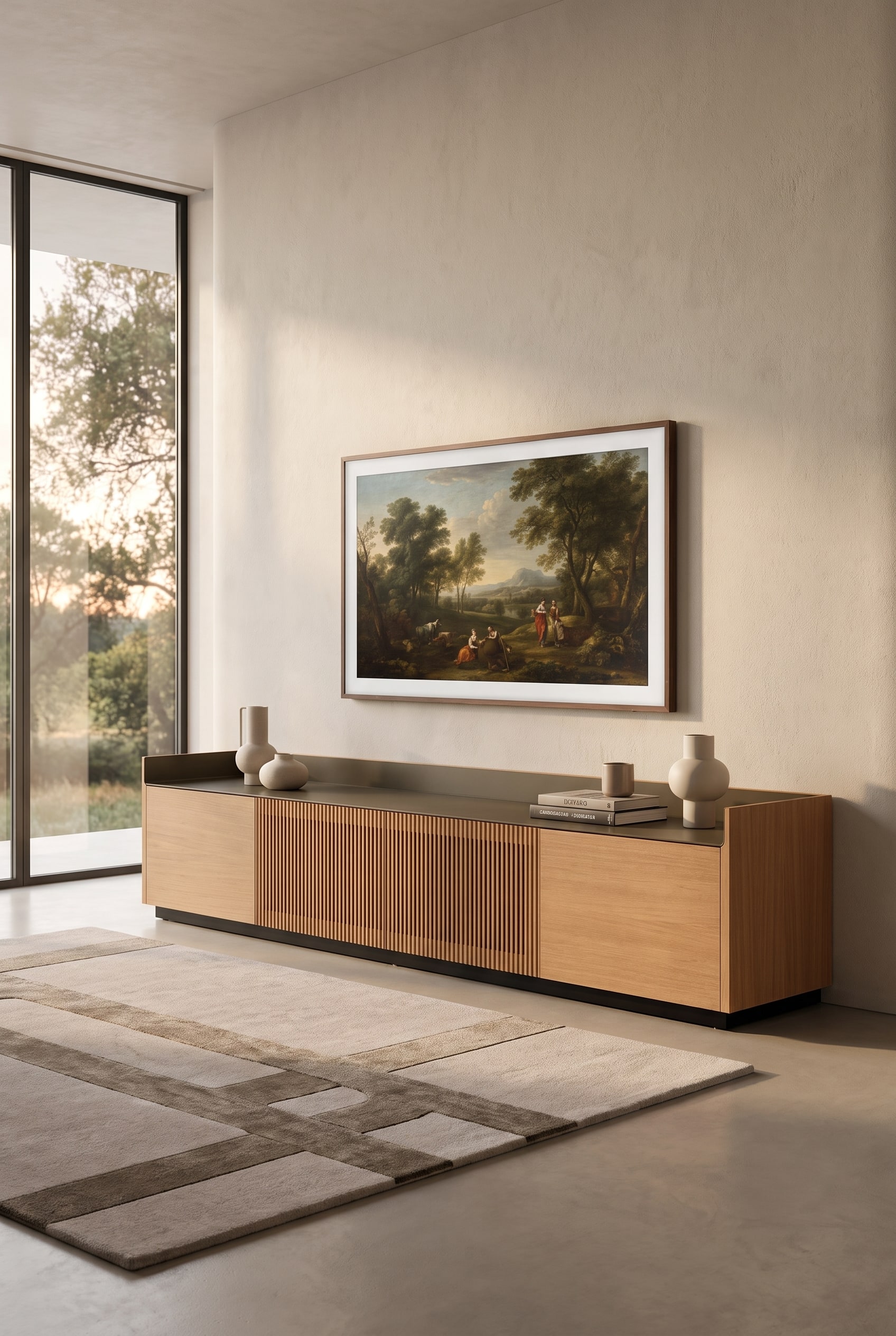 Ein breites TV-Lowboard aus dunklem Holz in einem modernen Wohnzimmer, darüber ist ein Fernseher im Kunstmodus platziert, um eine harmonische Proportion zu zeigen.