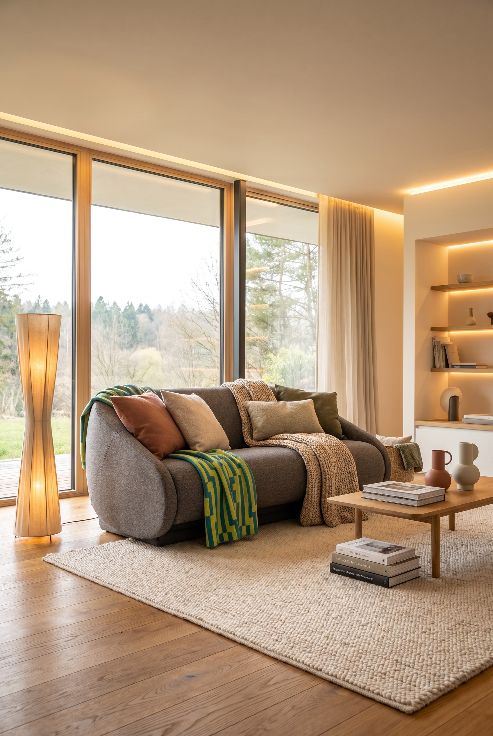 Prostoria Schlafsofa Up-Lift im Wohnzimmer mit geschichteten Kissen und Plaid, nahtlos integriert