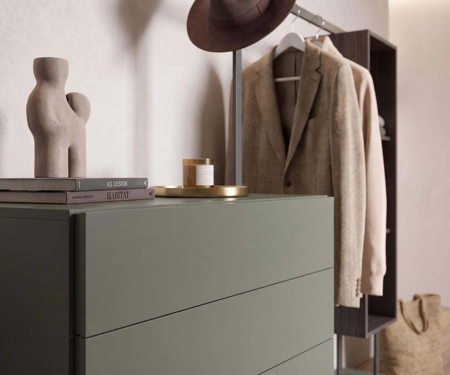 Novamobili Design Kommode Easy 4 mit Garderobe Kommode mit Garderobe Easy 4 im Flur, grünes Design-Flurmöbel mit Kleiderstange und Schubladen im minimalistischen Stil