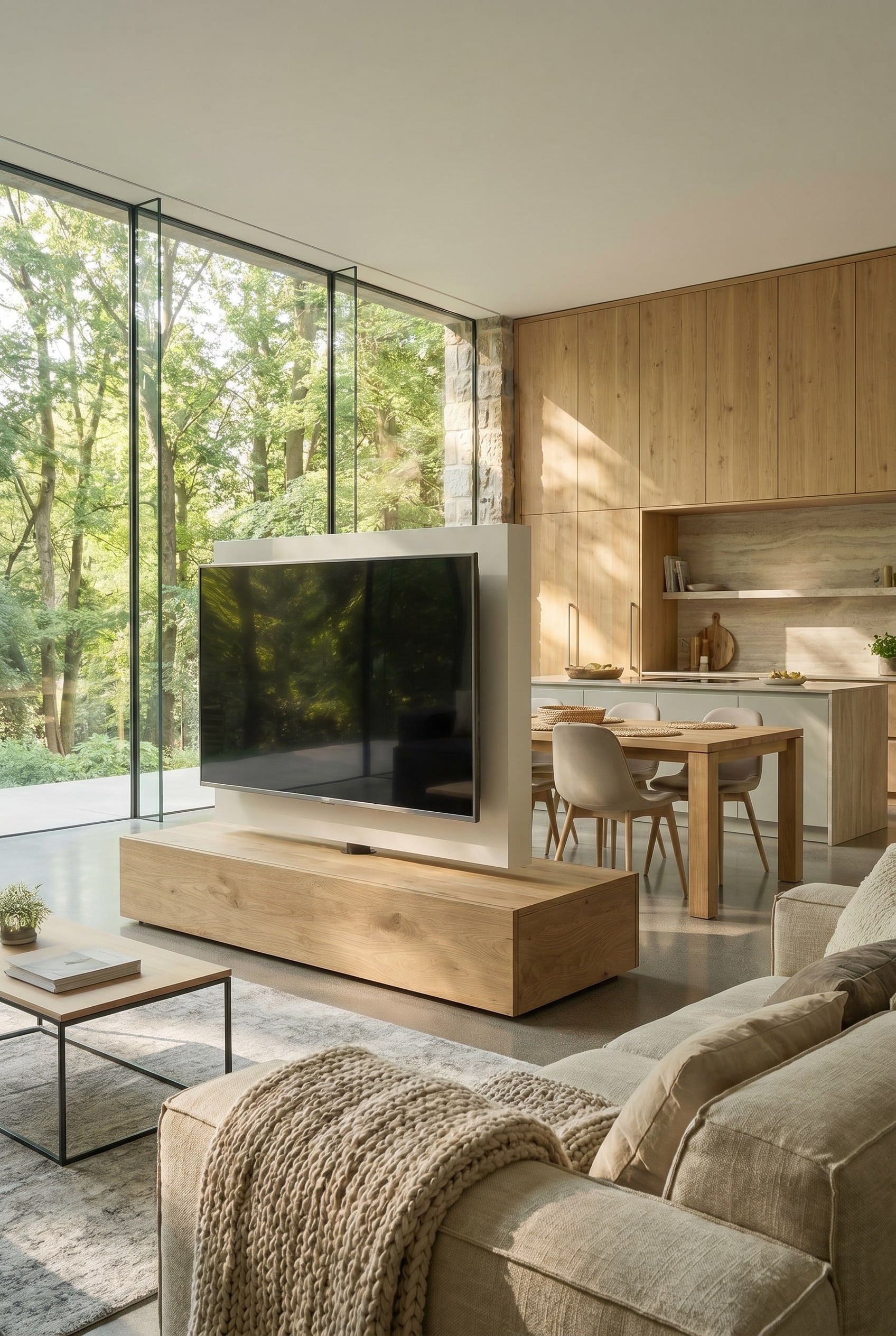 Modernes Einrichtungskonzept für offene Wohnküche mit halbhohem Trennelement als unsichtbare Raumgrenze Modernes Einrichtungskonzept für offene Wohnküche mit halbhohem Trennelement als unsichtbare Raumgrenze