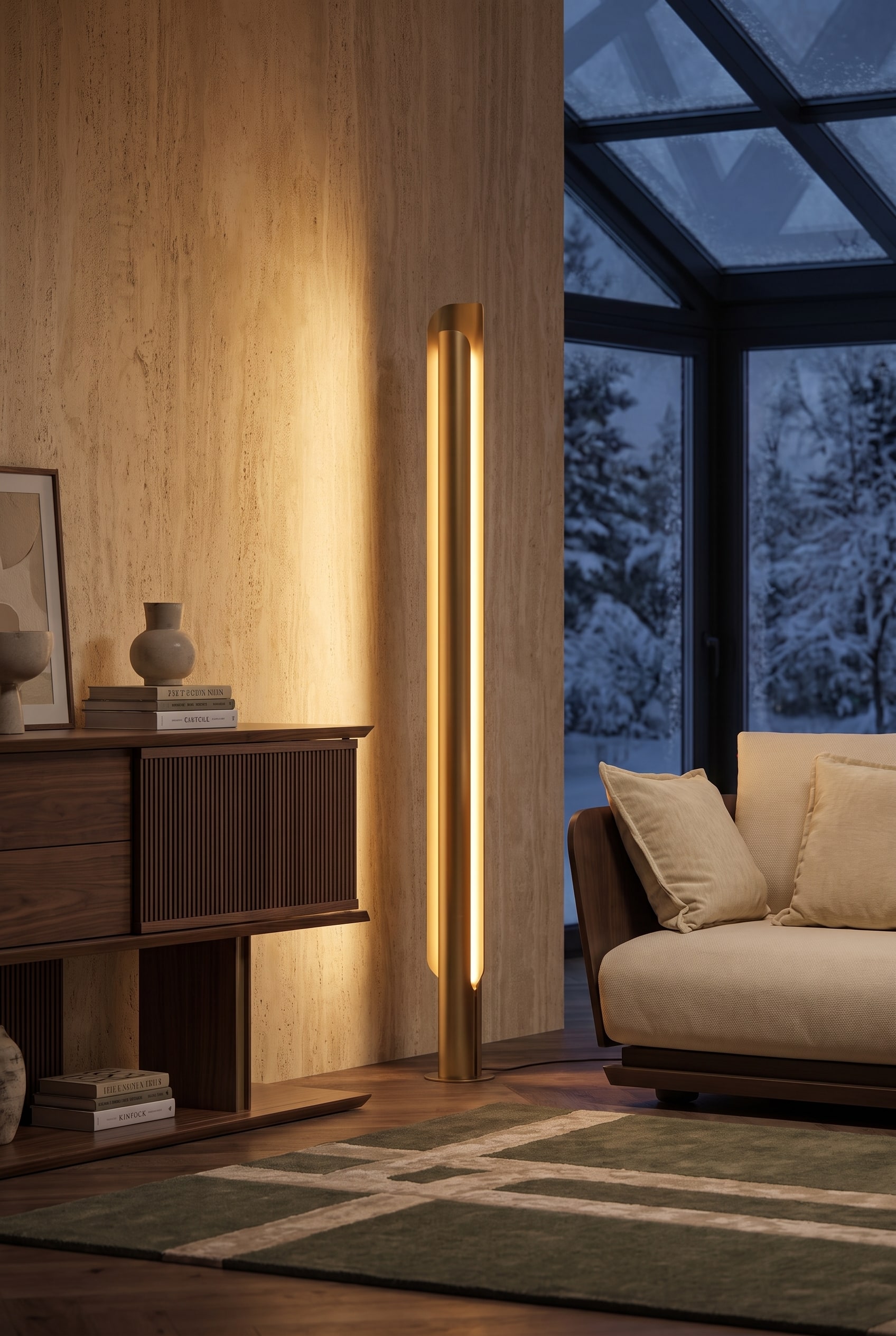 Elegante Tischleuchte aus Metall auf einem dunklen Holz-Sideboard im Wintergarten, die warmes, indirektes Licht an die Wand wirft. Im Hintergrund verschwommene, winterliche Glasfronten.