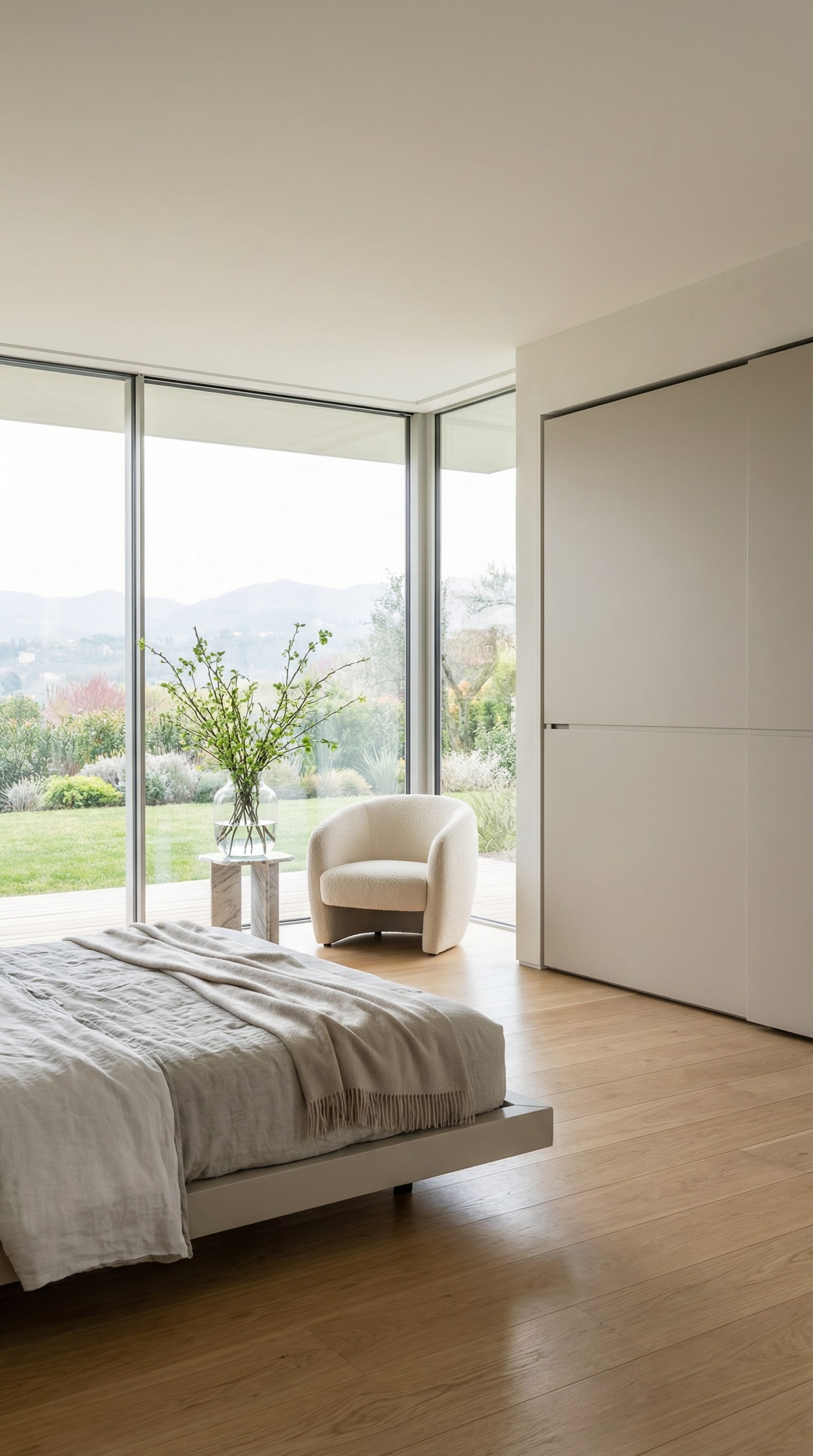 Minimalistisches Schlafzimmer mit dem Novamobili Kleiderschrank Middle Schiebet&uuml;ren, der mit seiner glatten Front eine ruhige Atmosph&auml;re im Raum schafft.