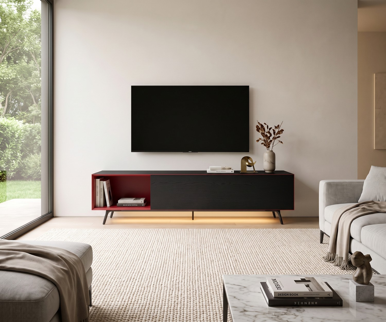 Livitalia Minimal Lowboard als TV-Möbel im Wohnzimmer. Schwarzer Korpus, rotes offenes Fach und LED-Beleuchtung.