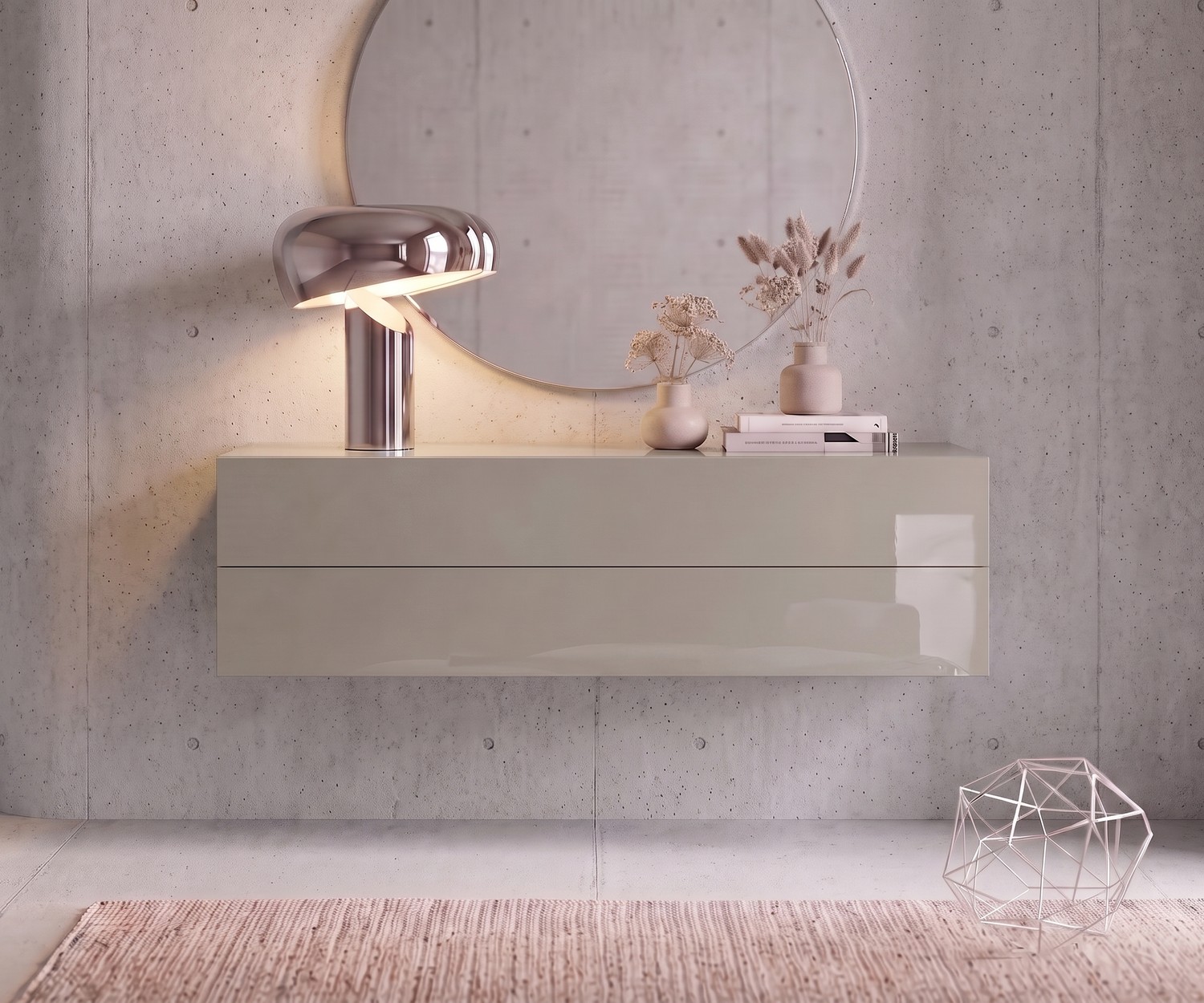Schwebende Hängekommode Easy in Sand Novamobili Hängekommode Easy als schwebendes Sideboard im Flur, Sandfarben Hochglanz für ein minimalistisches Interieur.