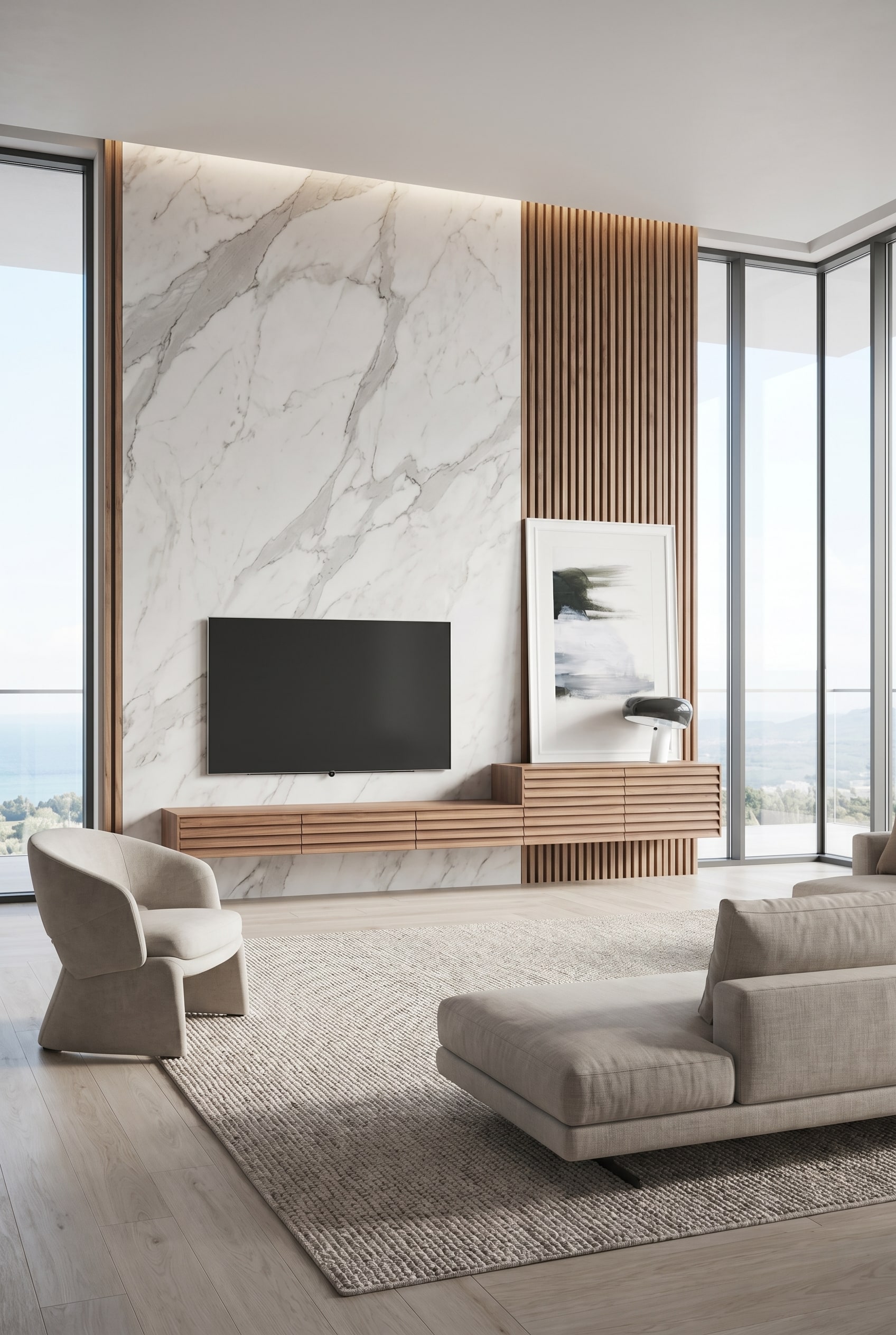 Schwebendes Holz-Lowboard mit Rillenfront neben vertikalen Marmor-Optik-Paneelen und großem Fernseher