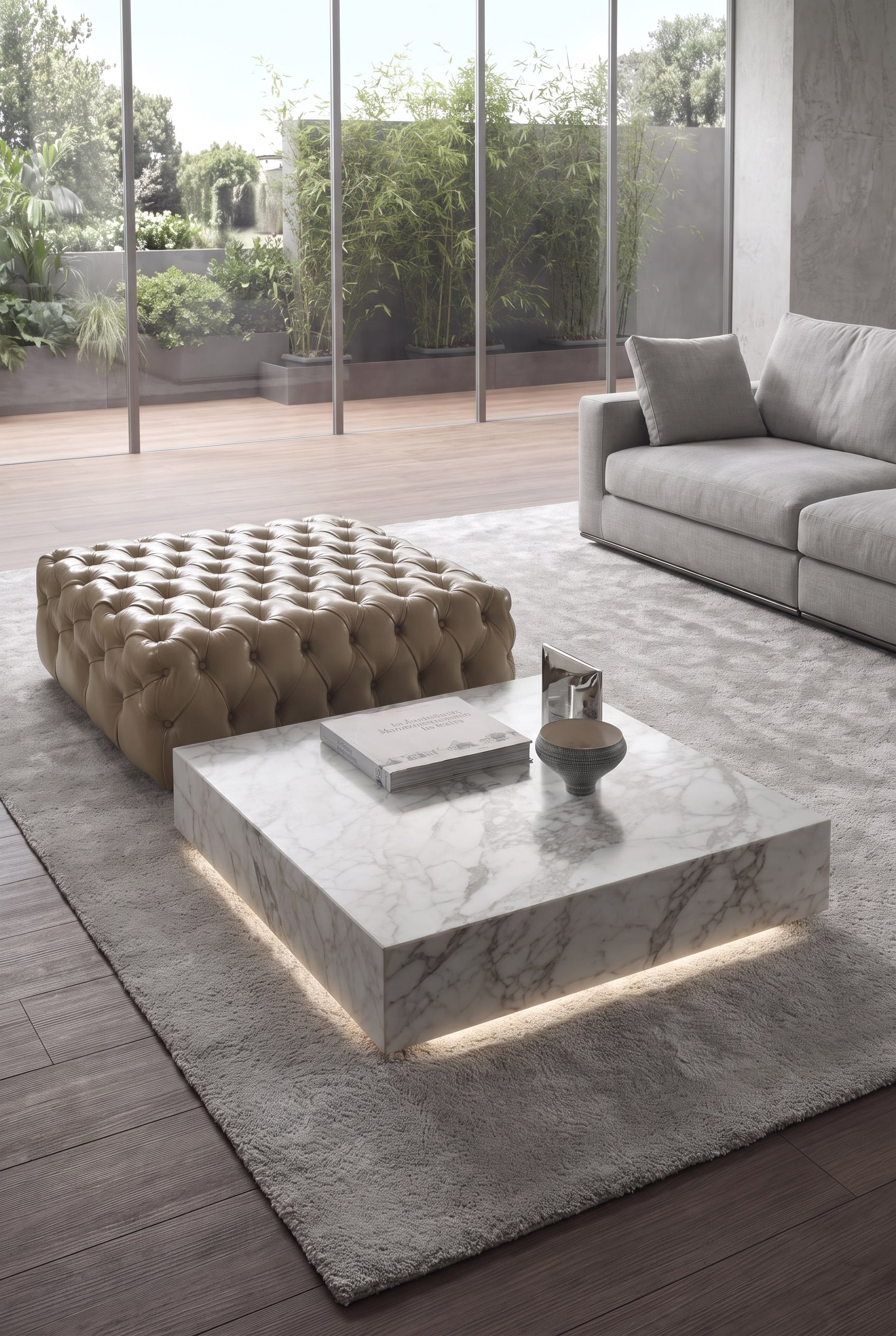 Luxuri&ouml;ses Wohnzimmer mit massivem Marmor-Couchtisch und feinem Metallgestell
