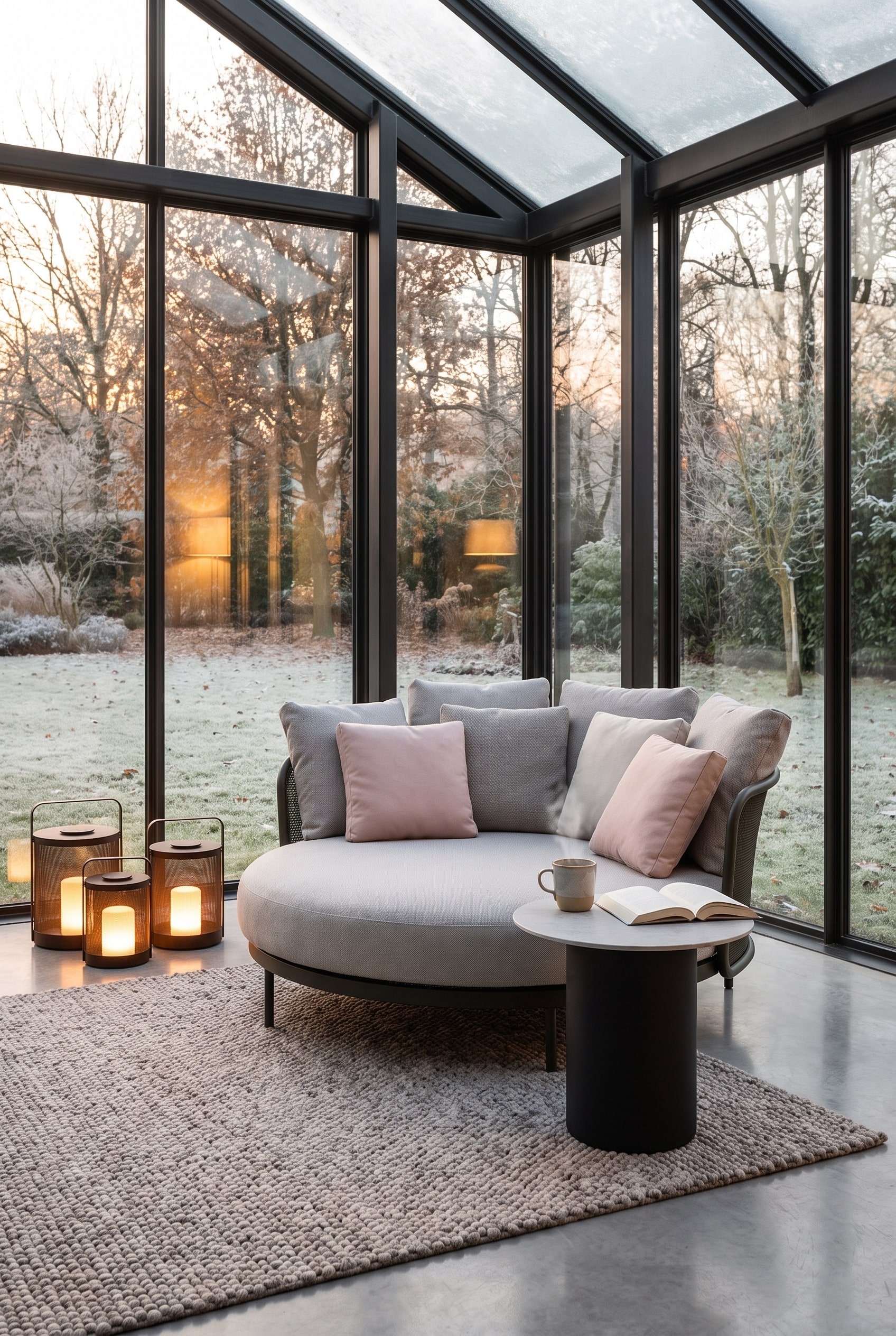 Rundes, gem&uuml;tliches Daybed mit hellgrauem Bezug und vielen strukturierten Kissen in einer Ecke des Wintergartens. Daneben ein kleiner Beistelltisch mit Teetasse.