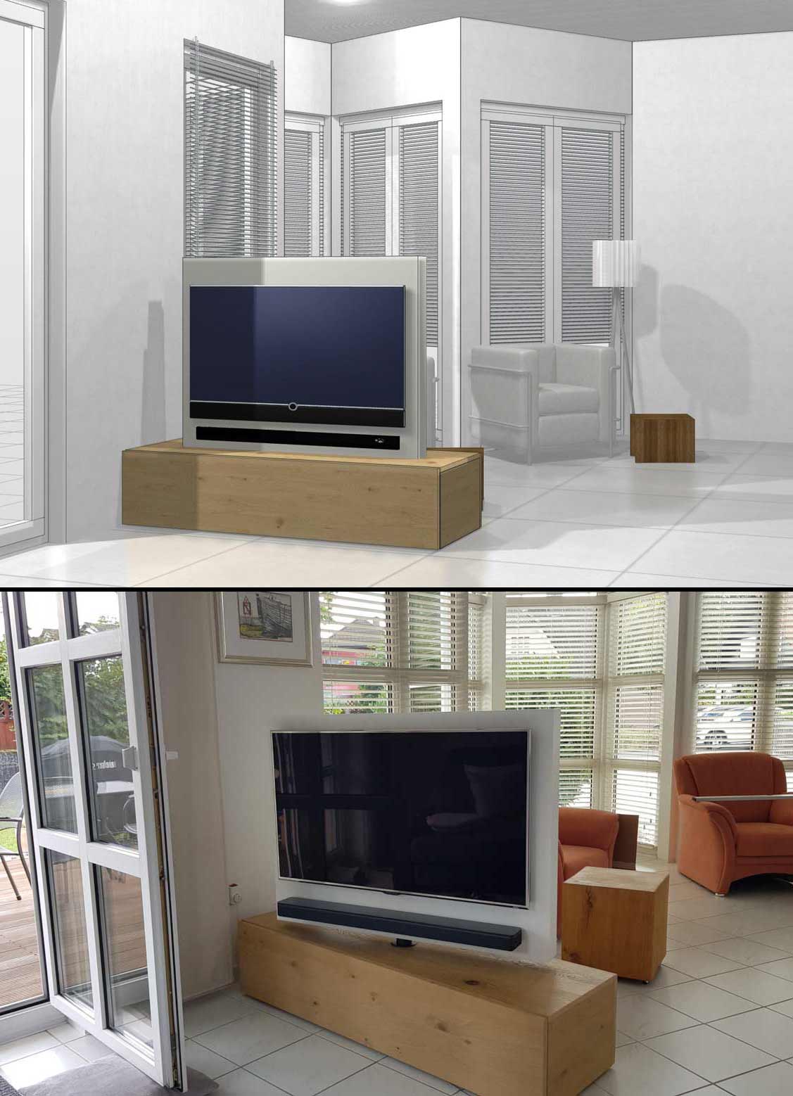 Raumteiler mit drehbarem Fernseher und Soundbar Raumteiler mit drehbarem Fernseher und Soundbar